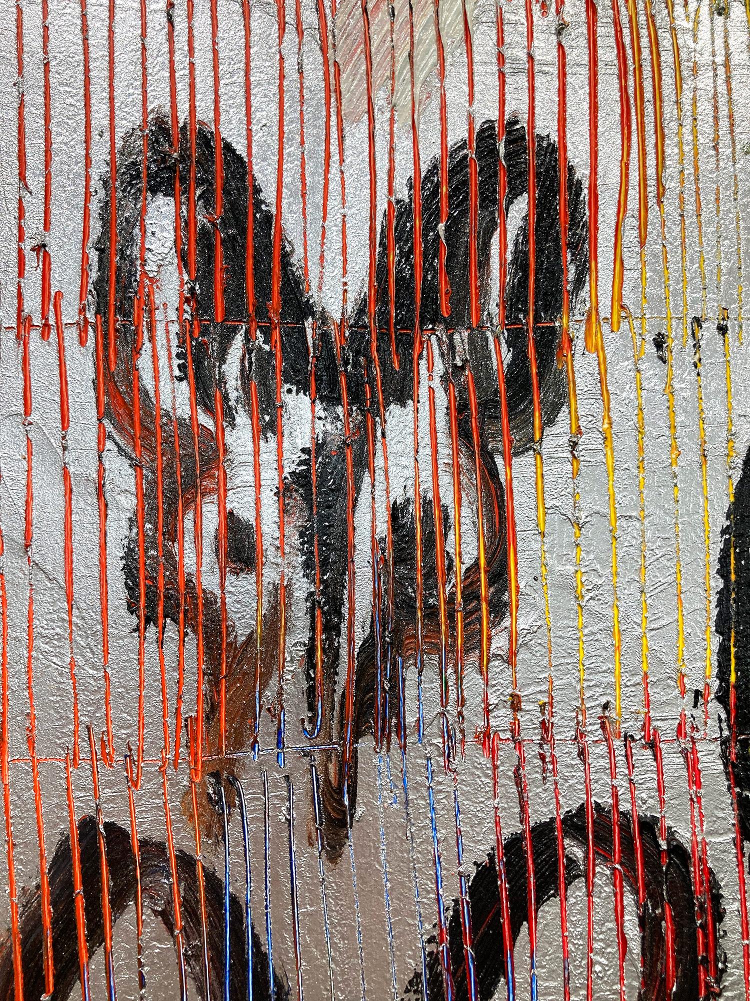 « Trois Notes » - Peinture à l'huile - Noirs lapins, Oiseaux et Papillons - Fond argenté 6