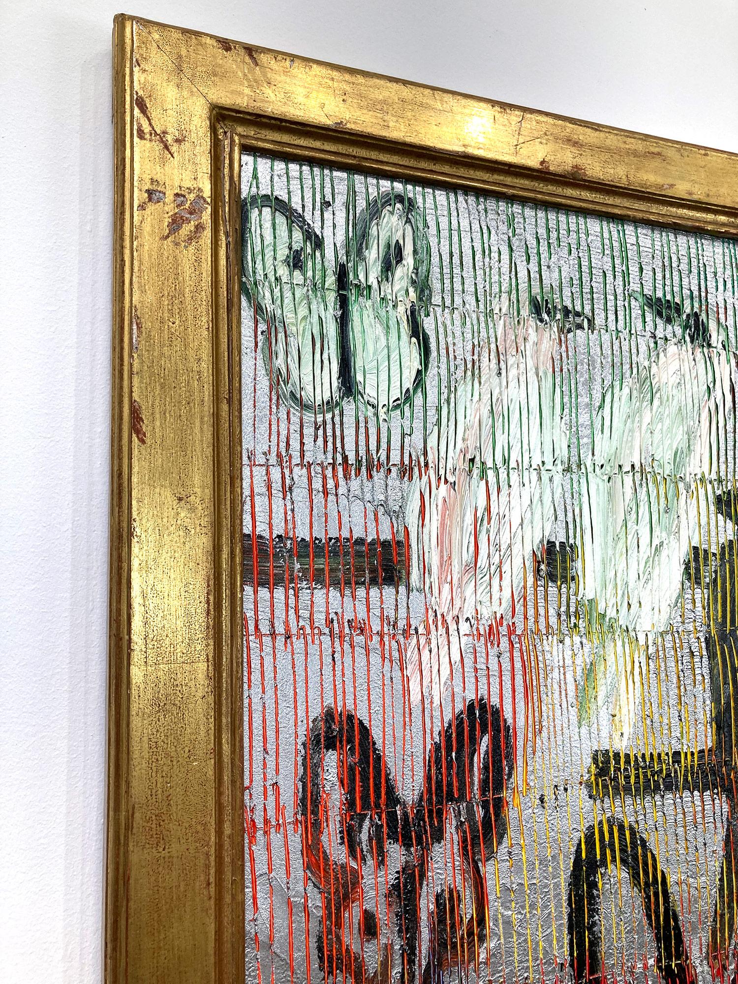 « Trois Notes » - Peinture à l'huile - Noirs lapins, Oiseaux et Papillons - Fond argenté 8