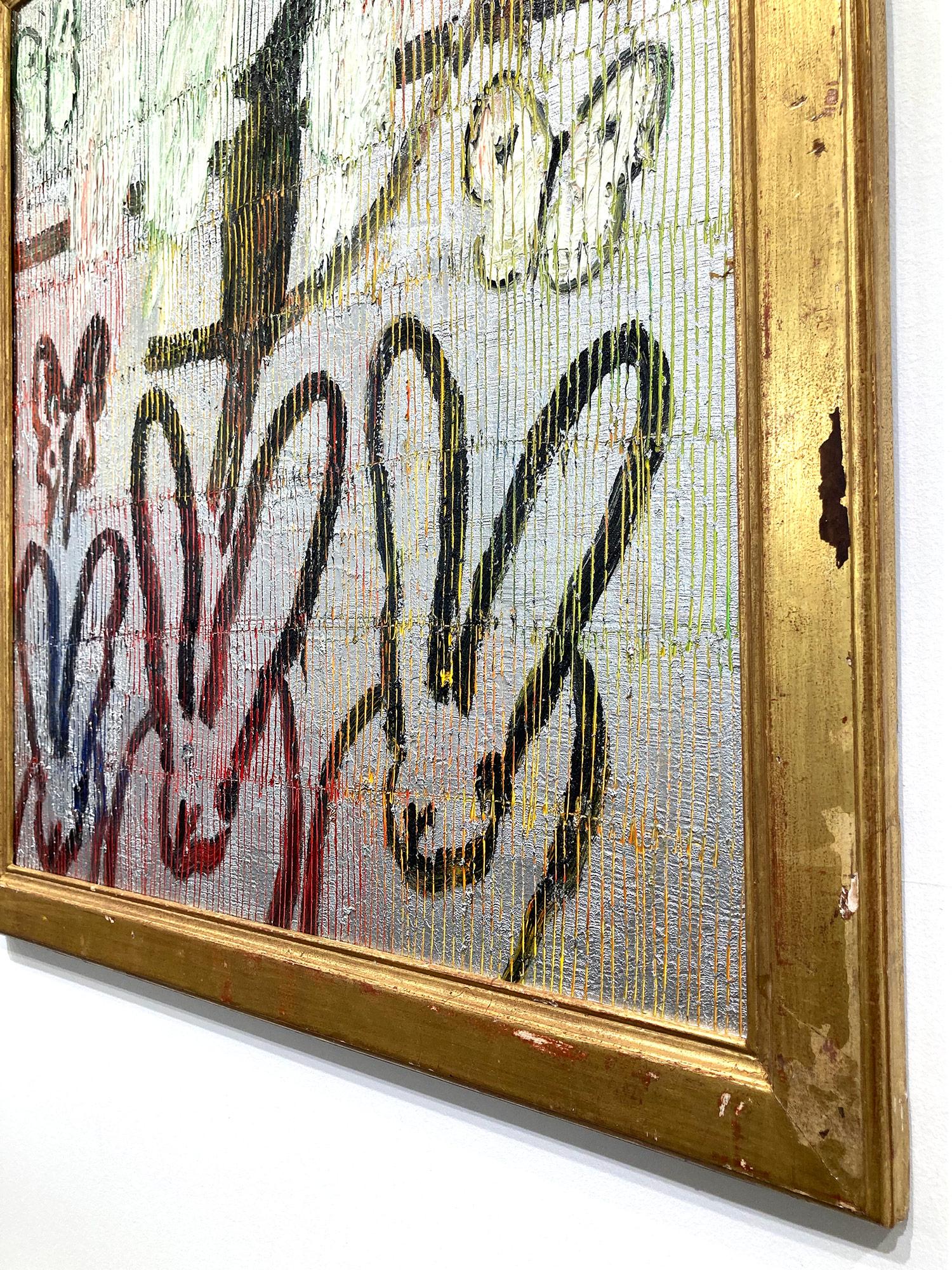 « Trois Notes » - Peinture à l'huile - Noirs lapins, Oiseaux et Papillons - Fond argenté 9