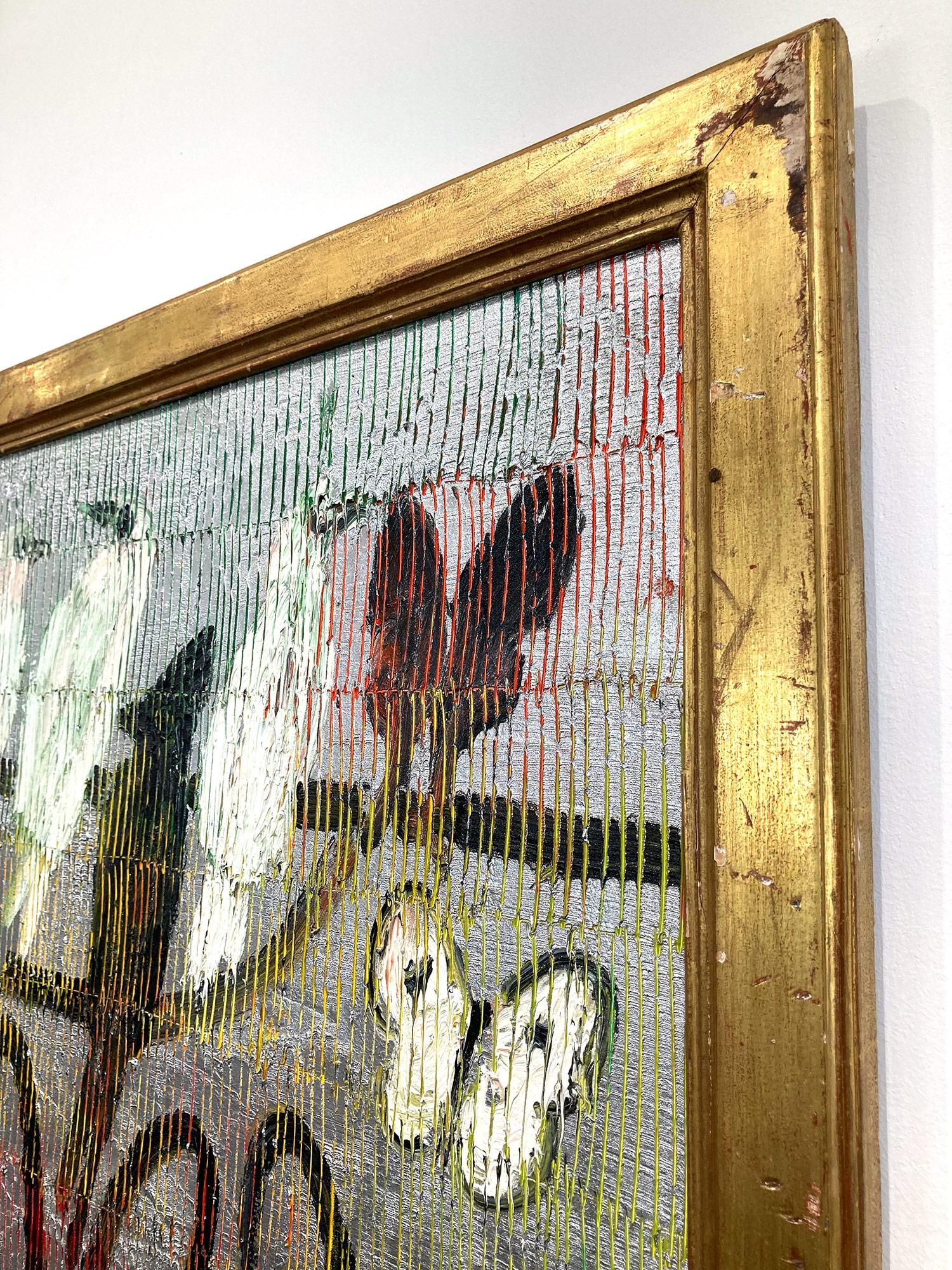 « Trois Notes » - Peinture à l'huile - Noirs lapins, Oiseaux et Papillons - Fond argenté 10