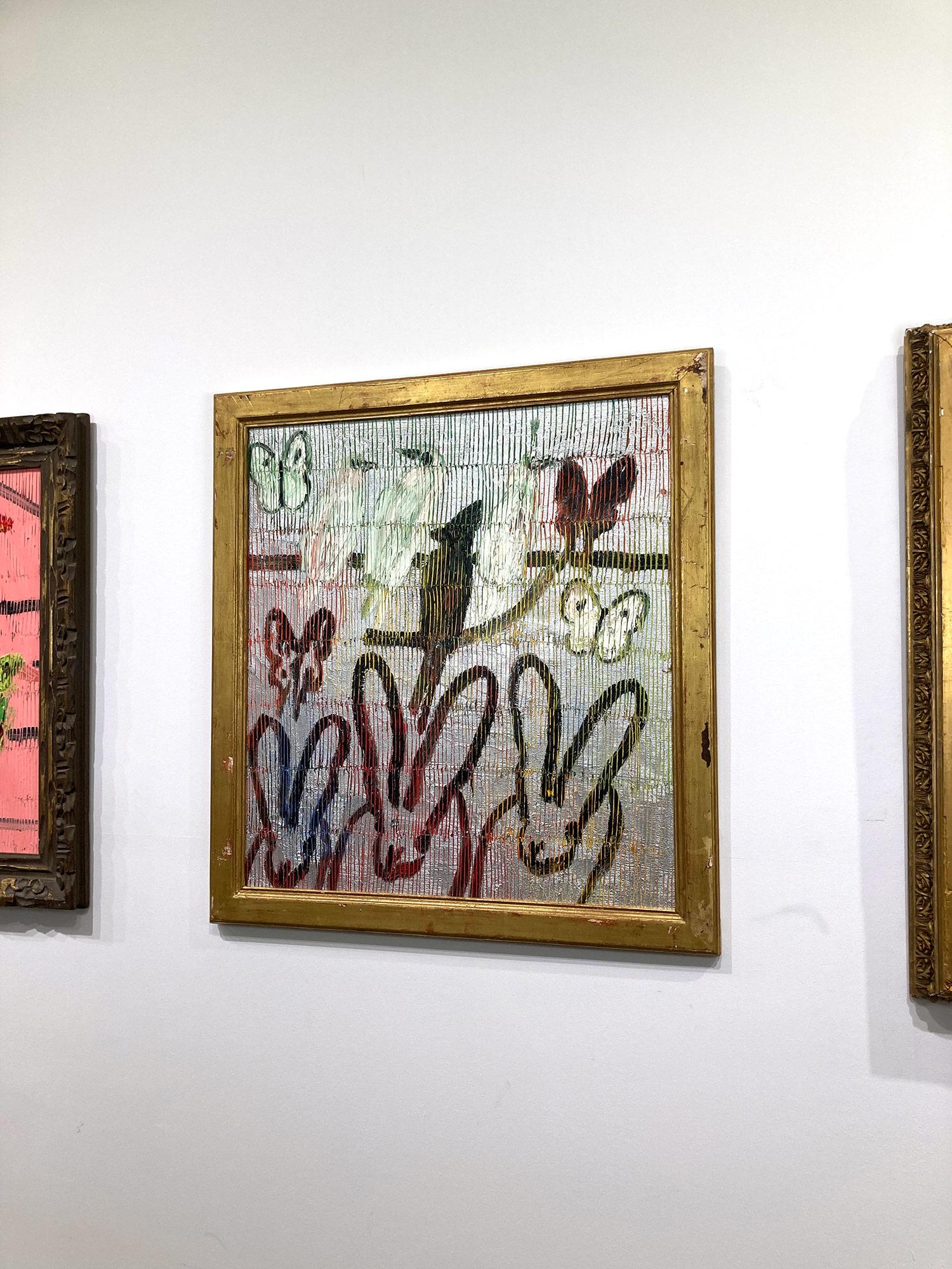 « Trois Notes » - Peinture à l'huile - Noirs lapins, Oiseaux et Papillons - Fond argenté 12