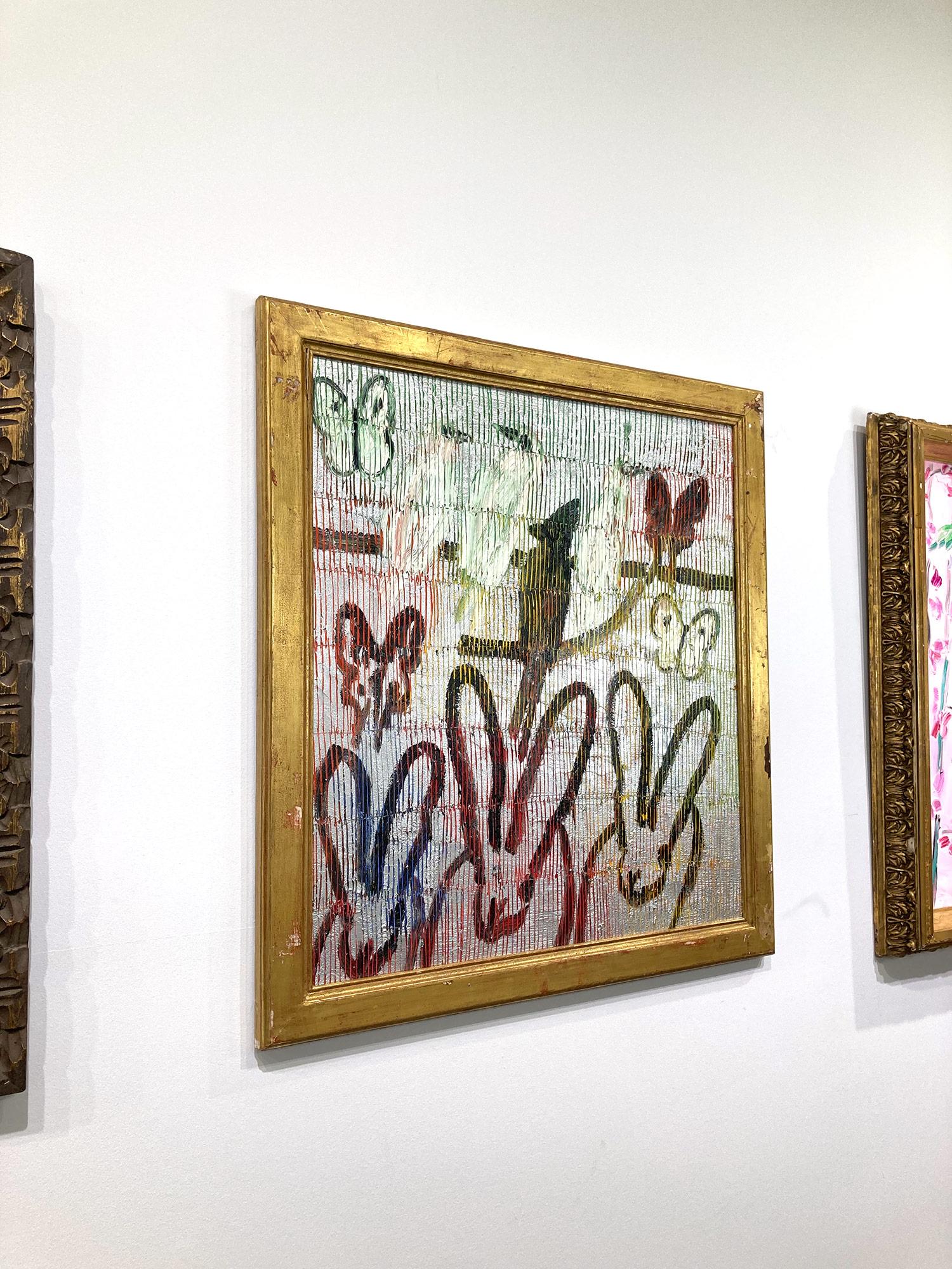 « Trois Notes » - Peinture à l'huile - Noirs lapins, Oiseaux et Papillons - Fond argenté 15