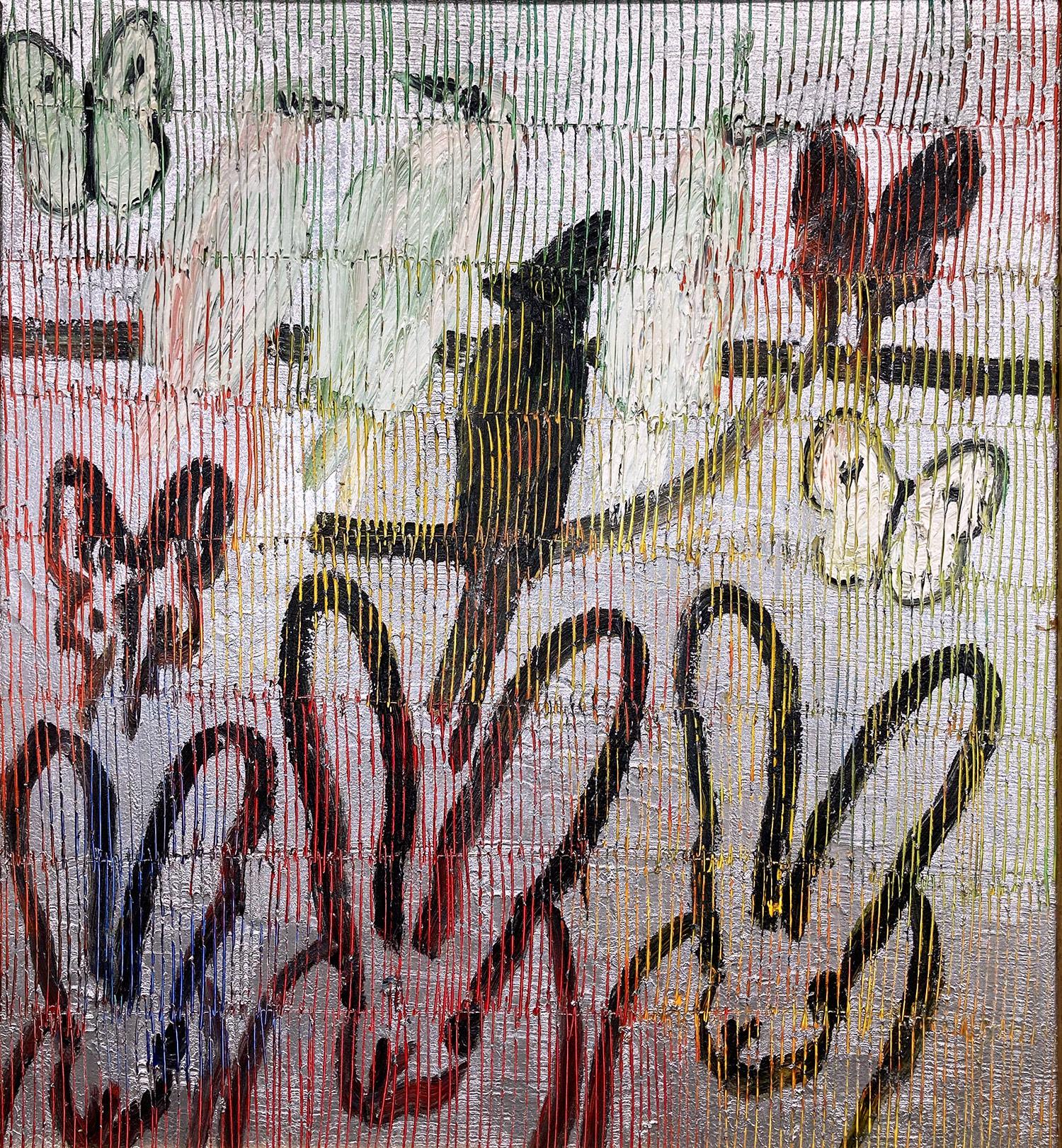 « Trois Notes » - Peinture à l'huile - Noirs lapins, Oiseaux et Papillons - Fond argenté - Painting de Hunt Slonem