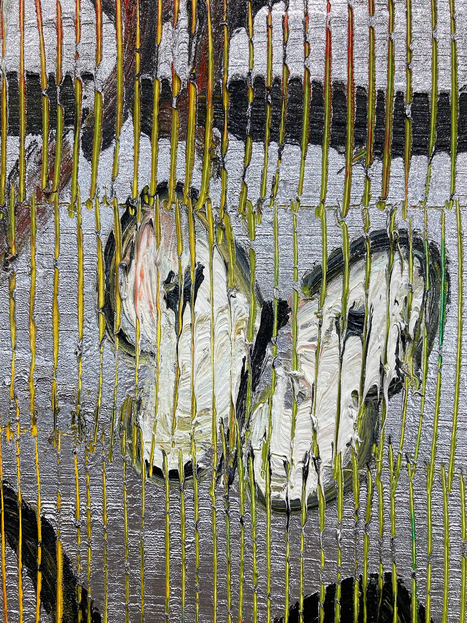 « Trois Notes » - Peinture à l'huile - Noirs lapins, Oiseaux et Papillons - Fond argenté 1