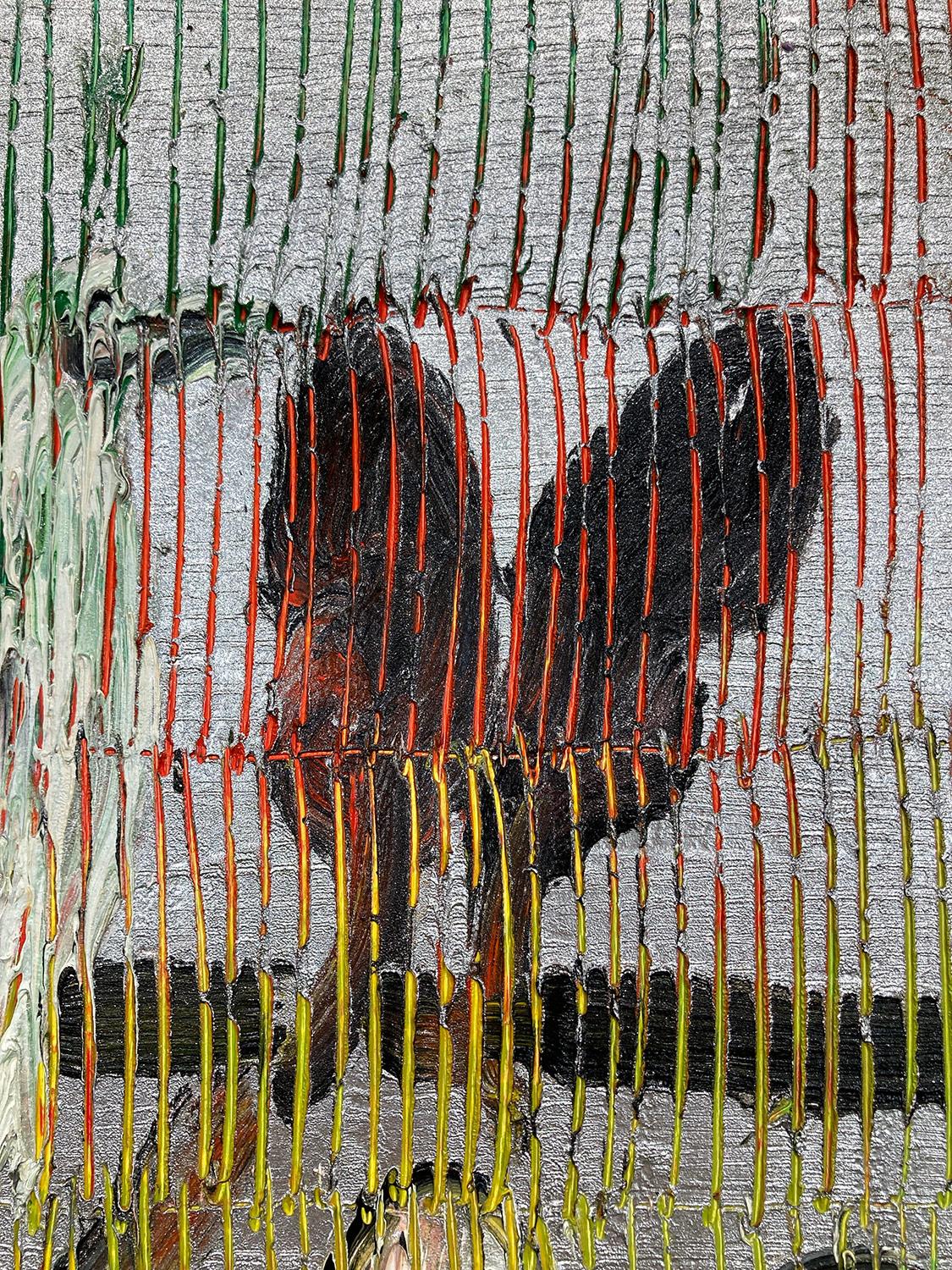 « Trois Notes » - Peinture à l'huile - Noirs lapins, Oiseaux et Papillons - Fond argenté 2