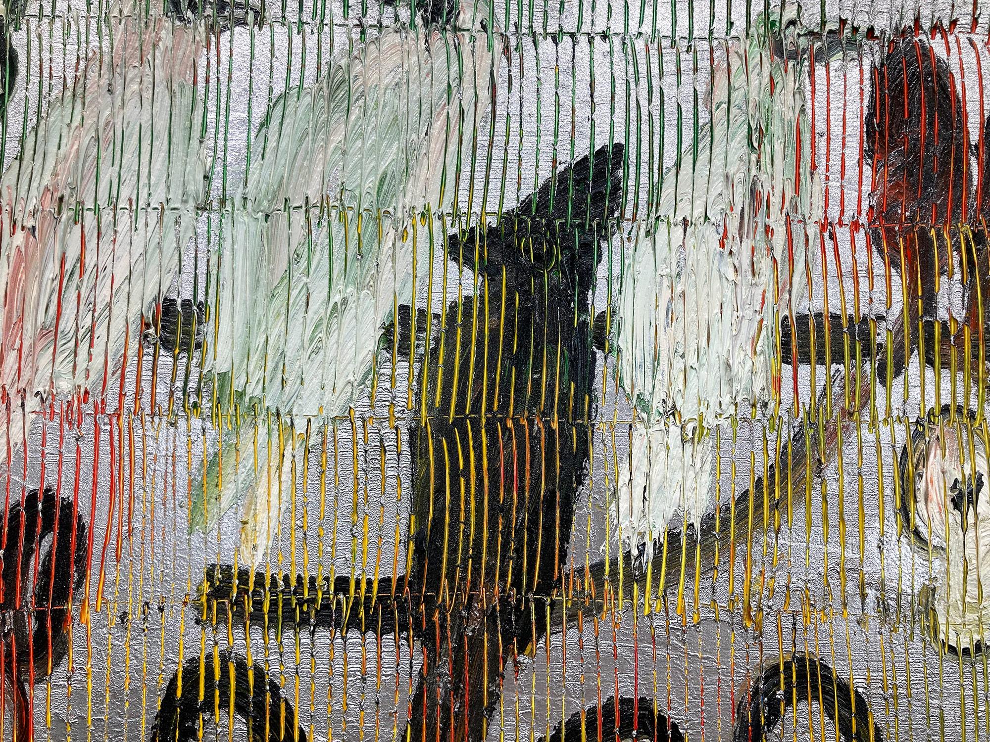 « Trois Notes » - Peinture à l'huile - Noirs lapins, Oiseaux et Papillons - Fond argenté 3
