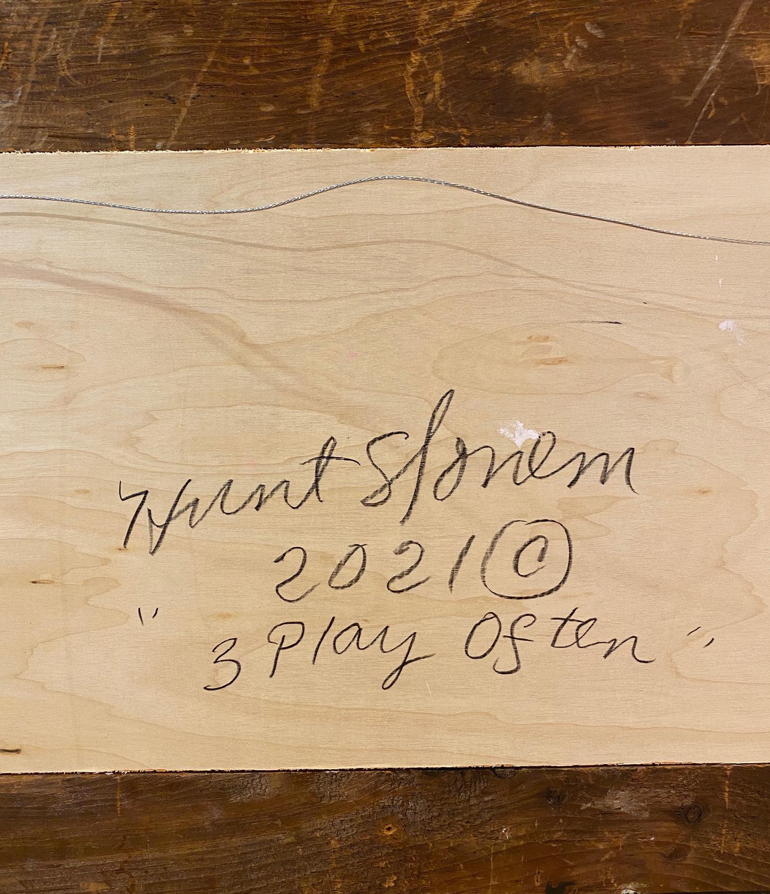 Artist:  Slonem, Hunt
Title:  Three Play Often
Series:  Bunnies
Date:  2021
Medium:  Oil on wood
Unframed Dimensions:  9.5