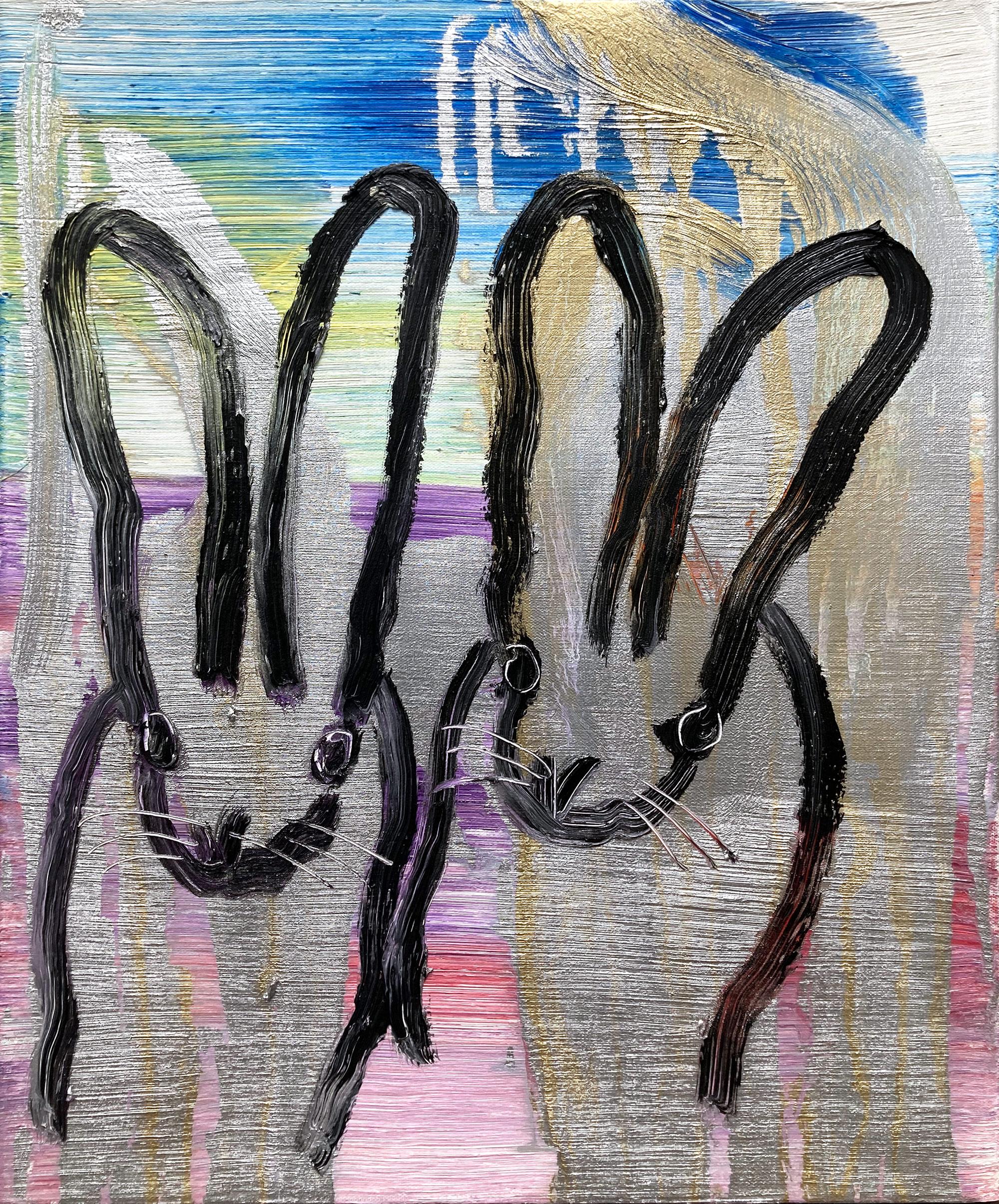 "Topper" Double Bunnies on Multicolor with Gold & Silver Background Oil Painting