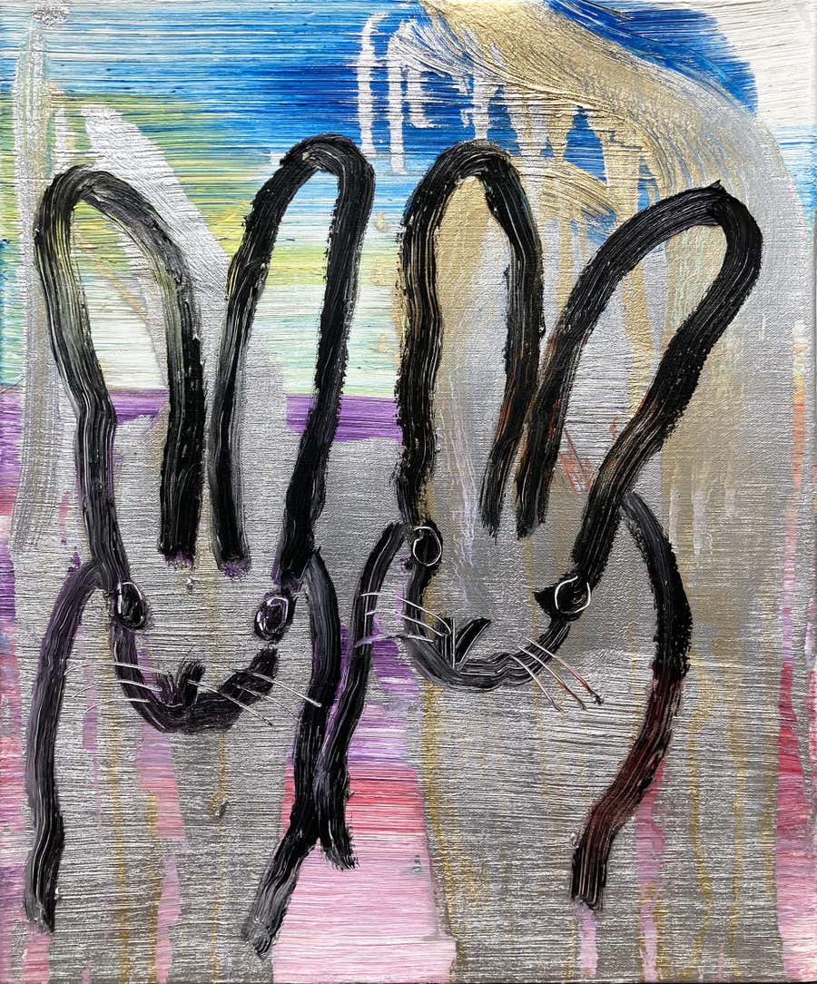 "Topper" Double Bunnies on Multicolor with Gold & Silver Background Oil Painting