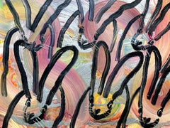 "Totem" Black Bunnies on Colorful Silver Background Oil Painting Antique Frame