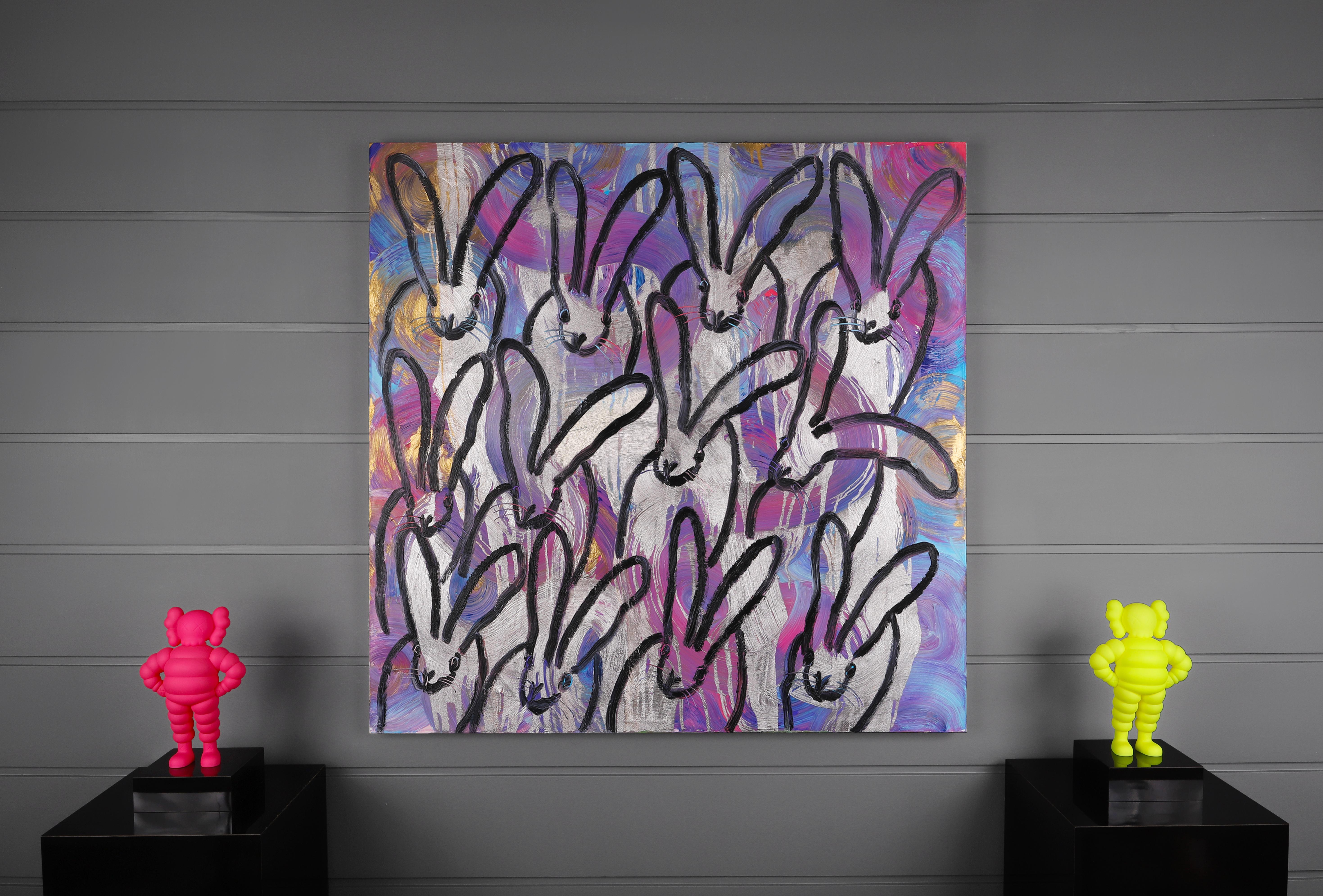 The black stacked bunnies crowd the swirling background in 'Totem on View' by Hunt Slonem. In Slonem’s signature style each bunny stands alone while simultaneously morphing together creating rhythmic repetition across the large rectangular canvas.