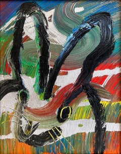 "Totem Napoli" Coniglietto dai contorni neri su sfondo argentato multicolore Pittura ad olio