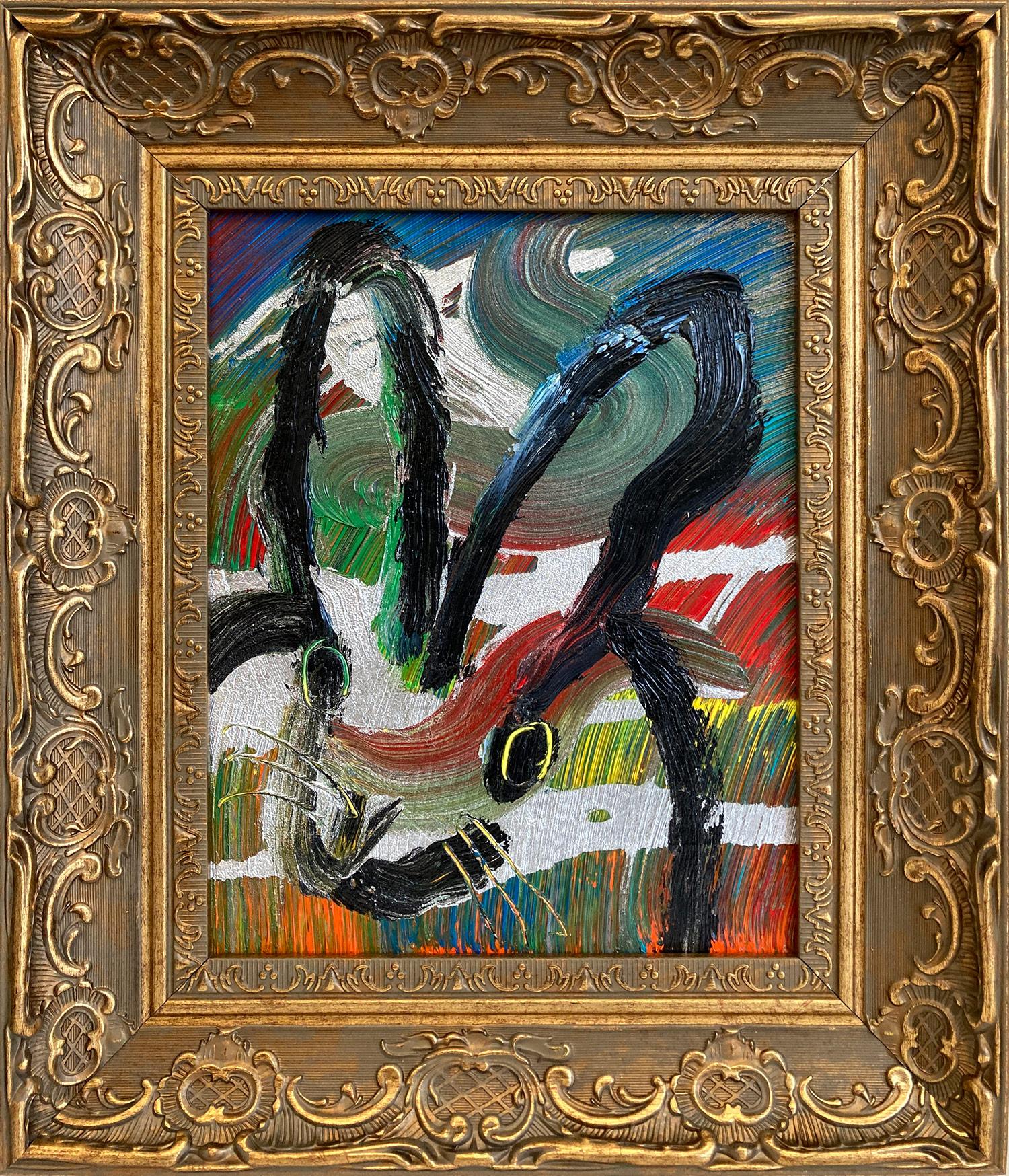 "Tótem Nápoles" Conejito de contorno negro sobre fondo plateado multicolor Pintura al óleo