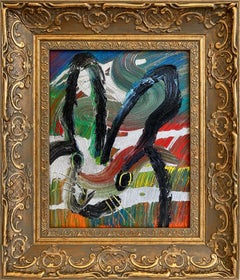 "Totem Naples" Black Outline Bunny on Multicolor Silver Background Oil Painting