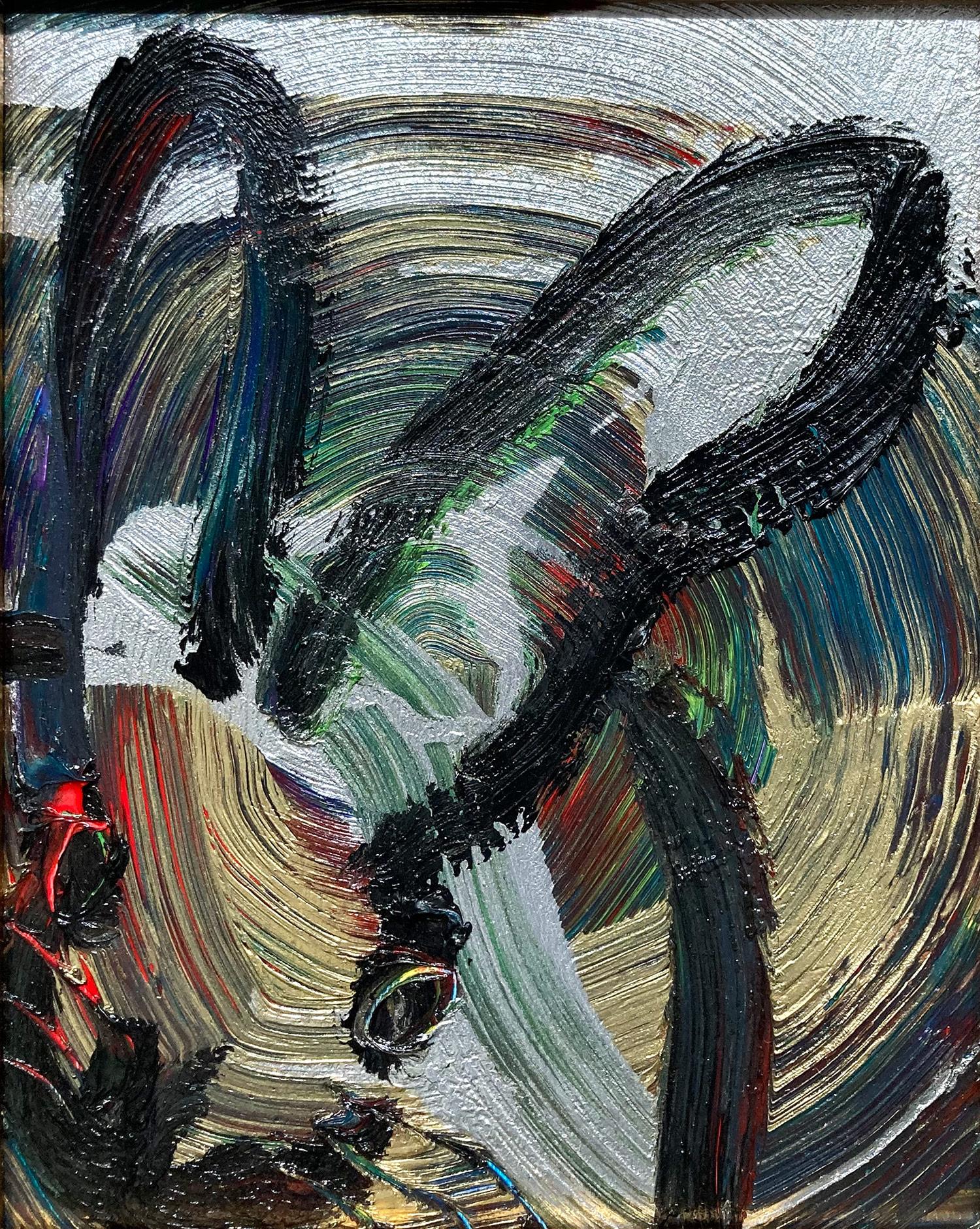 A wonderful composition of one of Slonem's most iconic subjects, Bunnies. This piece depicts a gestural figure of a black bunny on a Multicolor silver and gold background with thick use of paint. Inspired by nature and a genuine love for animals,