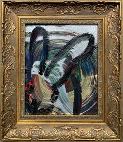 "Totem Today" Black Outline Bunny on Multicolor & Silver Background Oil Painting
