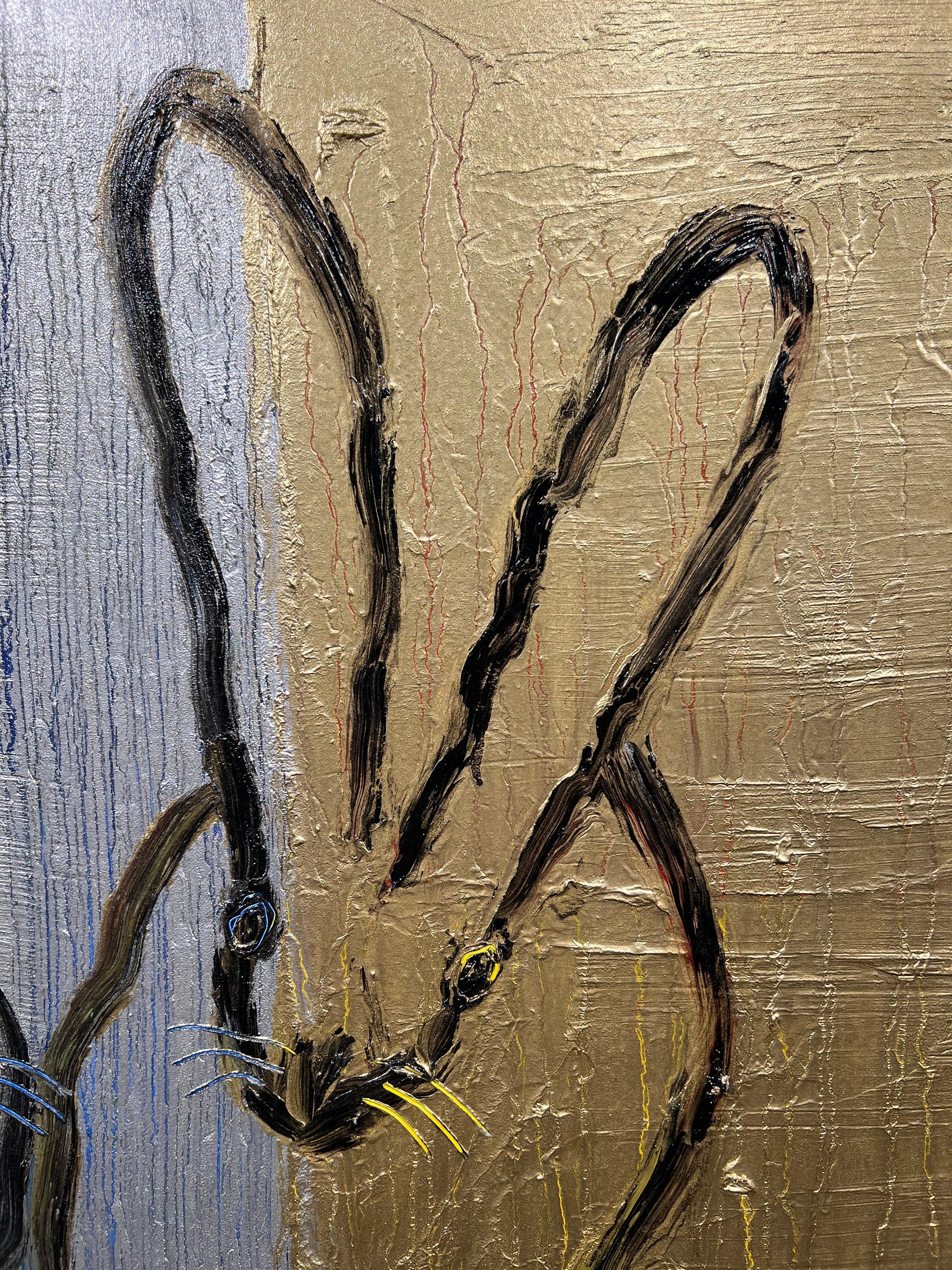 Original and unique artwork by Hunt Slonem.
Oil on wood
black outline double bunnies, pair, duo in silver and gold, framed.
2025

Painting is framed, as seen in the images. Framed dimension 29.5 x 35.5 inches
Signed Verso, titled and dated.
Please