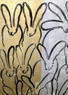 "Trio de métaux précieux" Lapins sur fond d'argent métallique, d'or et de bronze