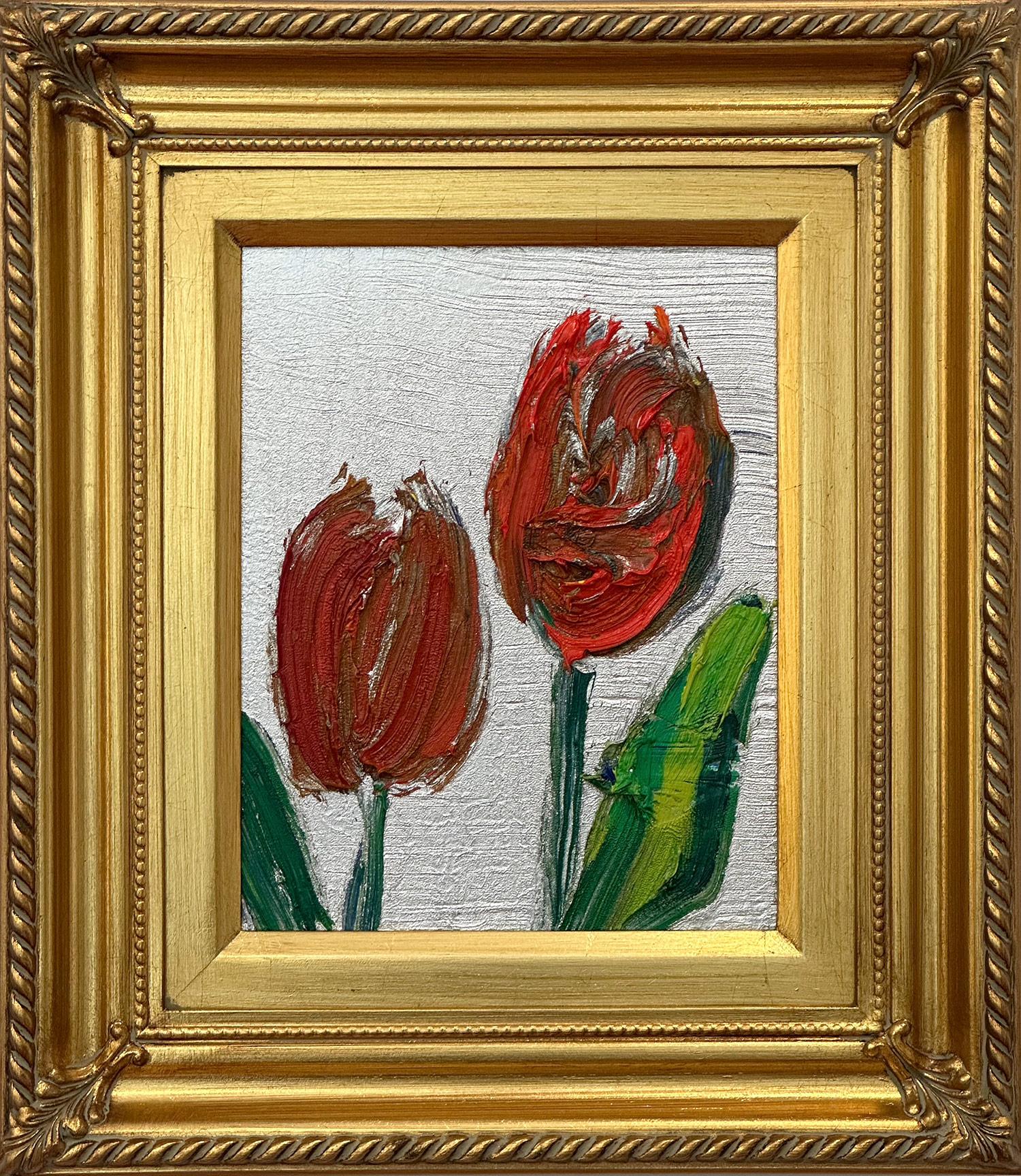"Tulipani su argento" Coppia di tulipani rossi su sfondo argentato Pittura a olio con cornice