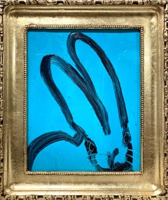 "Turquoise" Black Bunny on Belize Turquoise Background Oil Painting on Wood