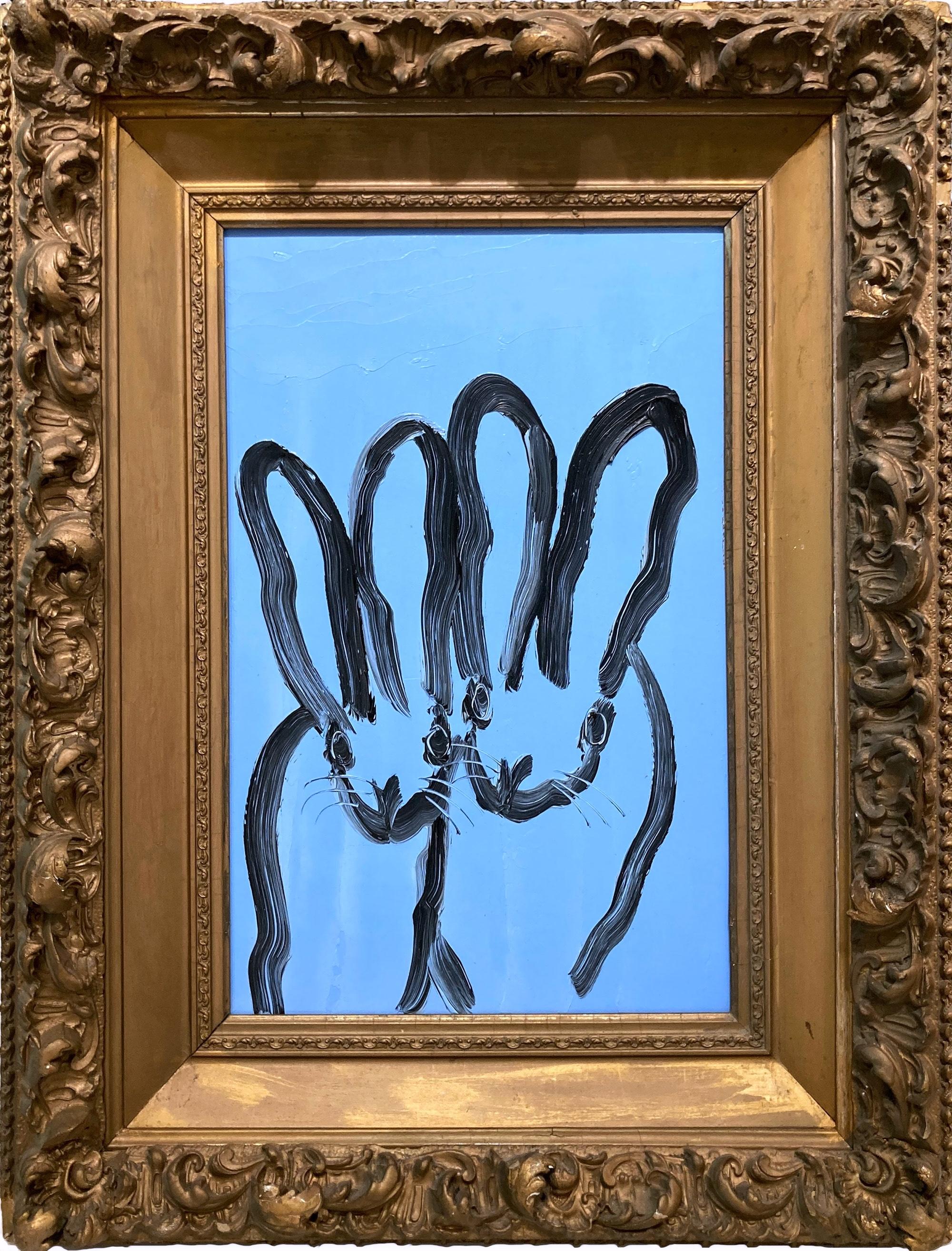 "Zwei blaue" Doppelhasen auf himmelblauem Hintergrund Ölgemälde auf Holz gerahmt