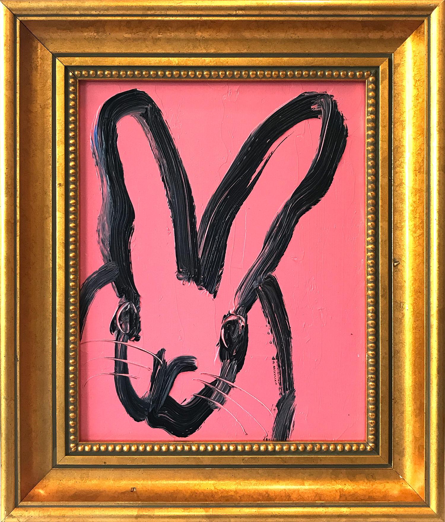 Hunt Slonem Animal Painting - "Untitled" (Black Bunny on Creamy Pink Background Oil Painting on Wood Panel)
