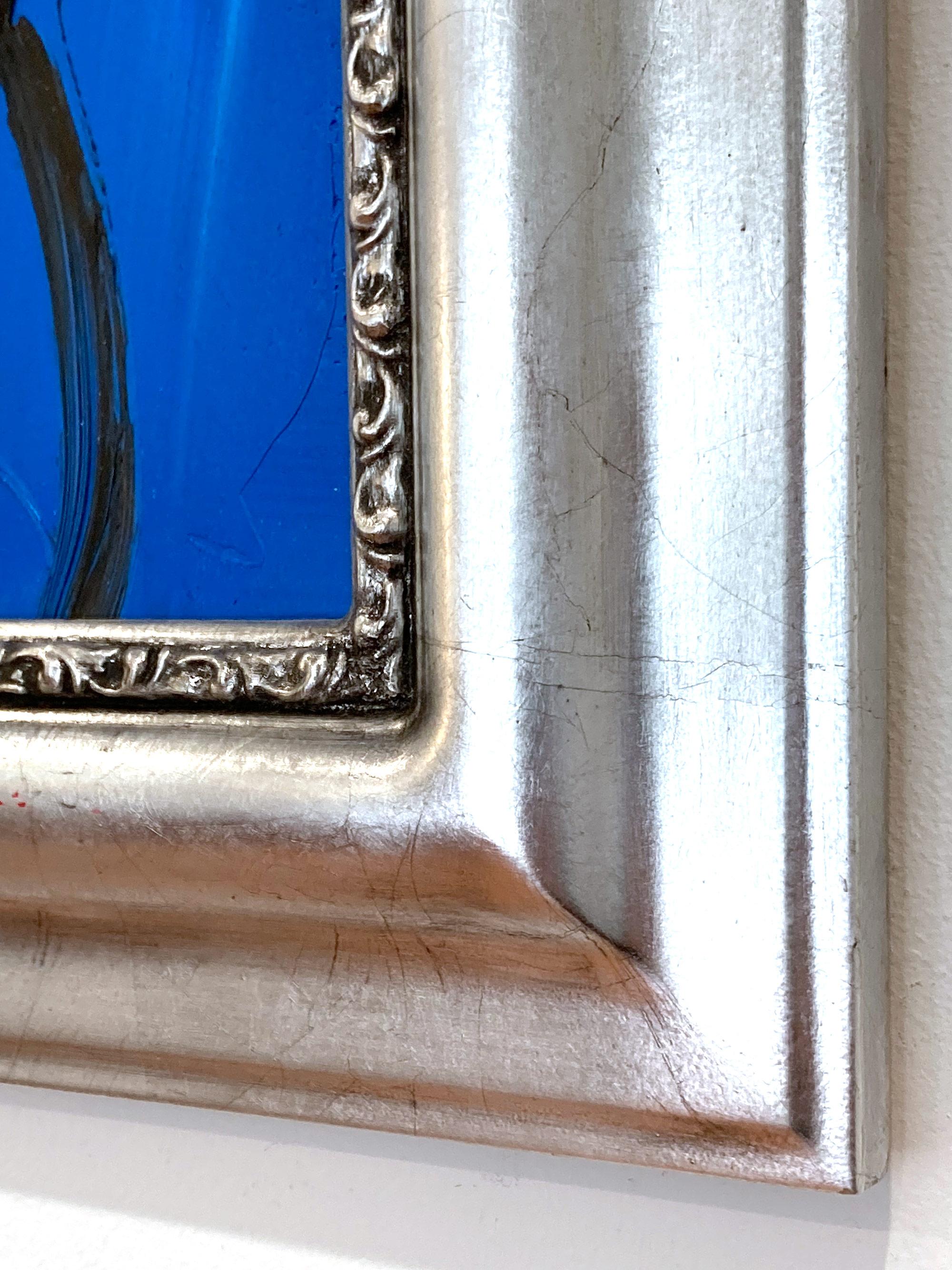 Untitled Schwarzer Hase auf ägyptisch blauem Hintergrund Ölgemälde auf Holz Gerahmt im Angebot 5