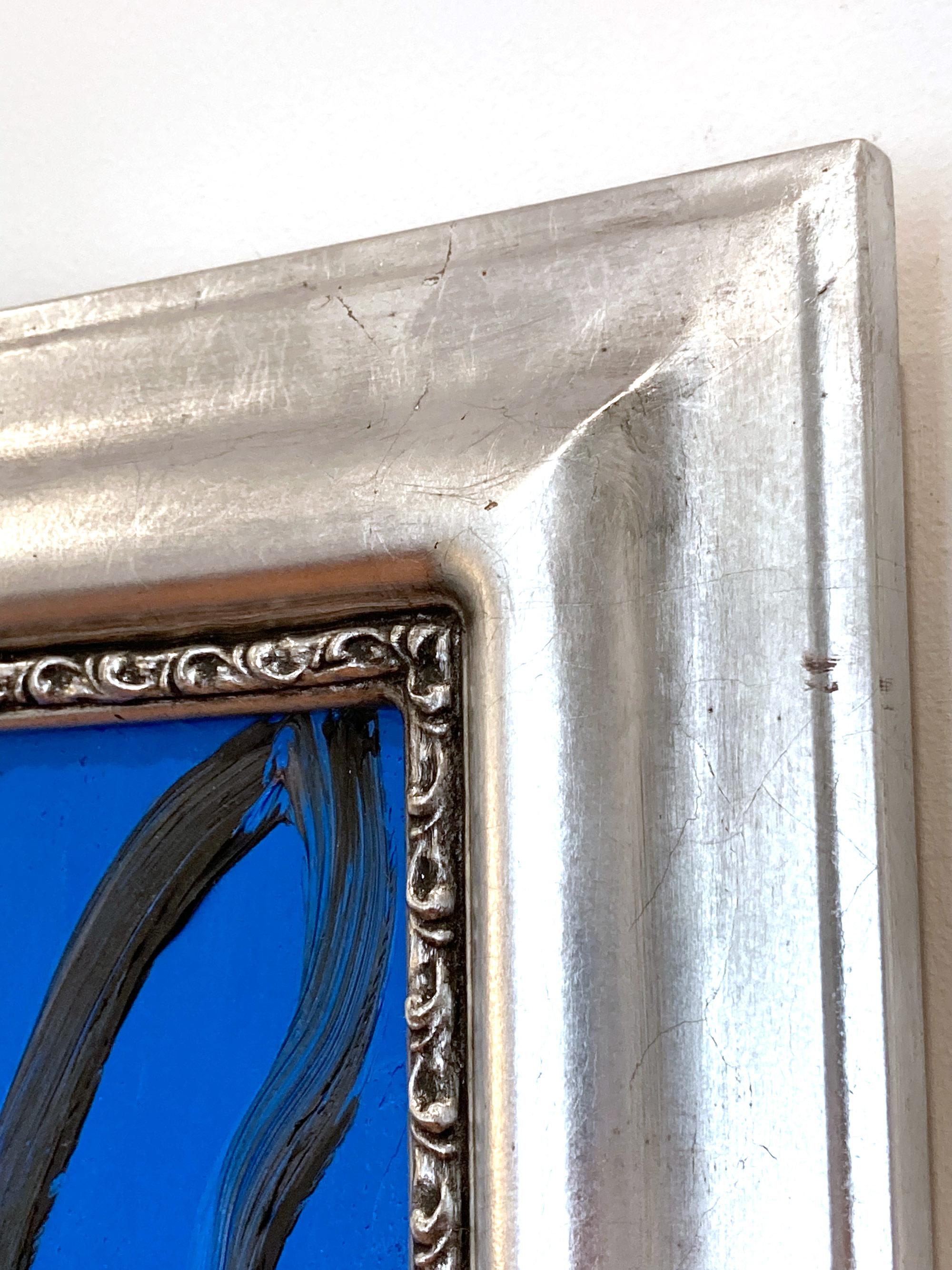 Untitled Schwarzer Hase auf ägyptisch blauem Hintergrund Ölgemälde auf Holz Gerahmt im Angebot 6