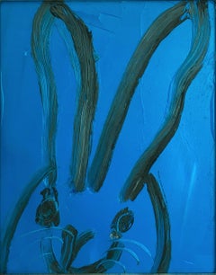 "Untitled" Black Bunny on Egyptian Blue Background Oil Painting on Wood Framed