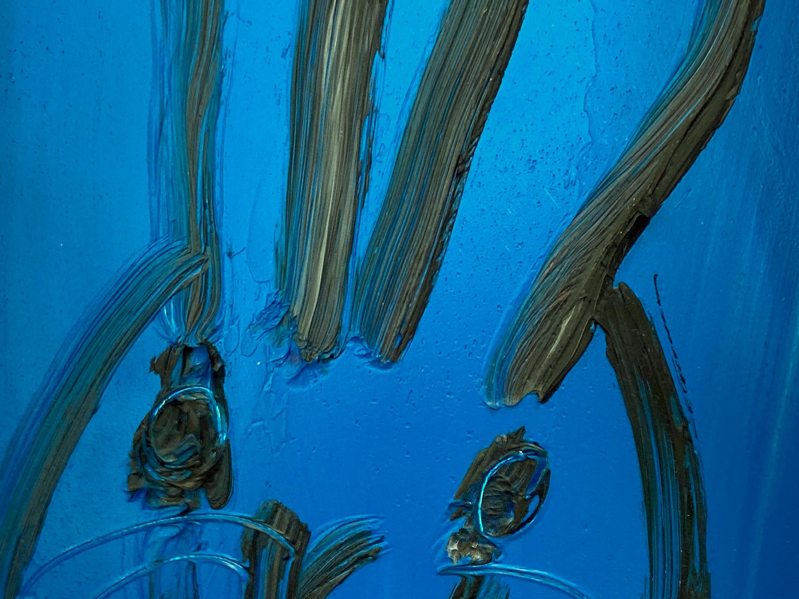 Untitled Schwarzer Hase auf ägyptisch blauem Hintergrund Ölgemälde auf Holz Gerahmt (Neue Wilde), Painting, von Hunt Slonem