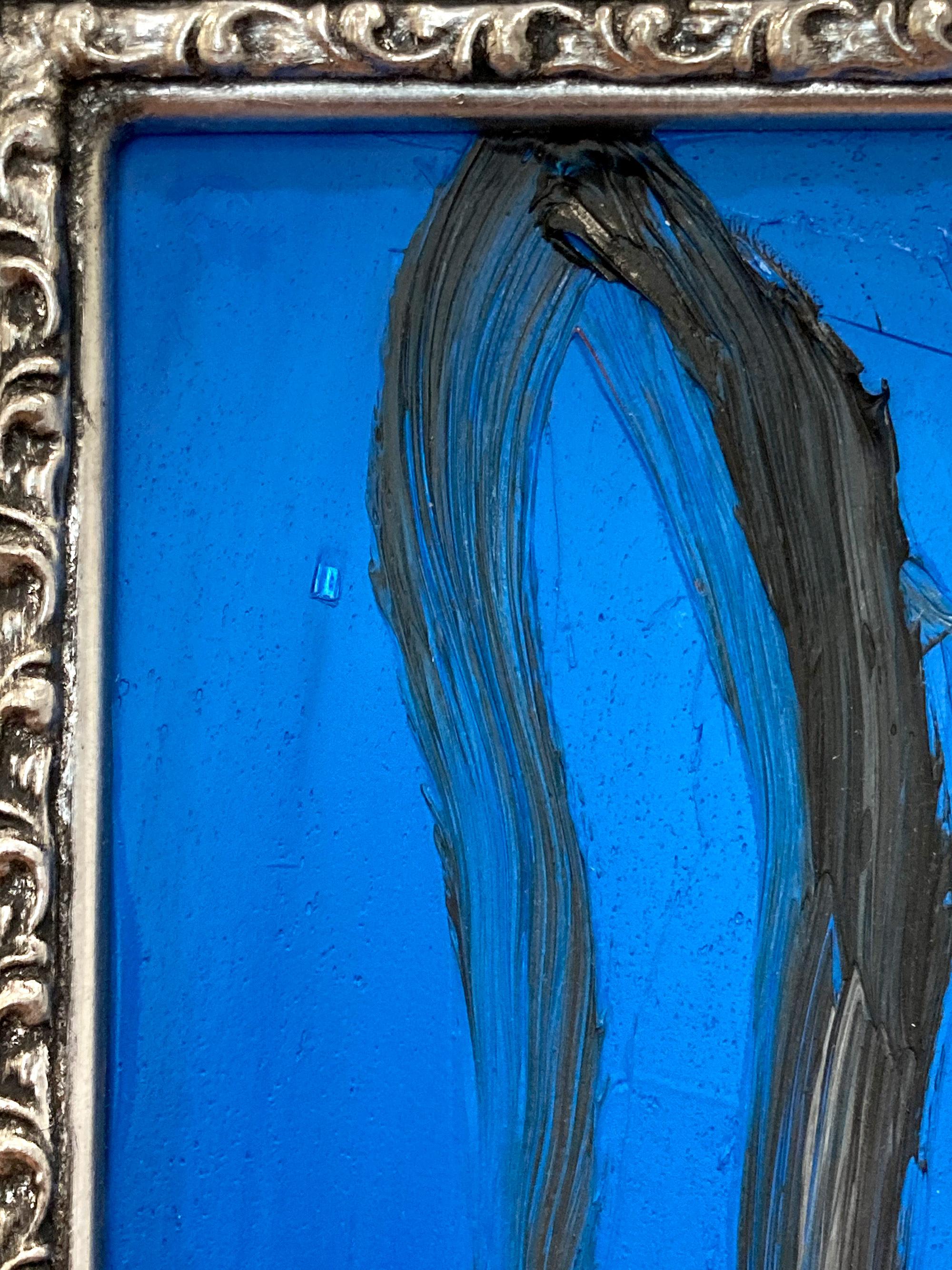 Untitled Schwarzer Hase auf ägyptisch blauem Hintergrund Ölgemälde auf Holz Gerahmt im Angebot 1