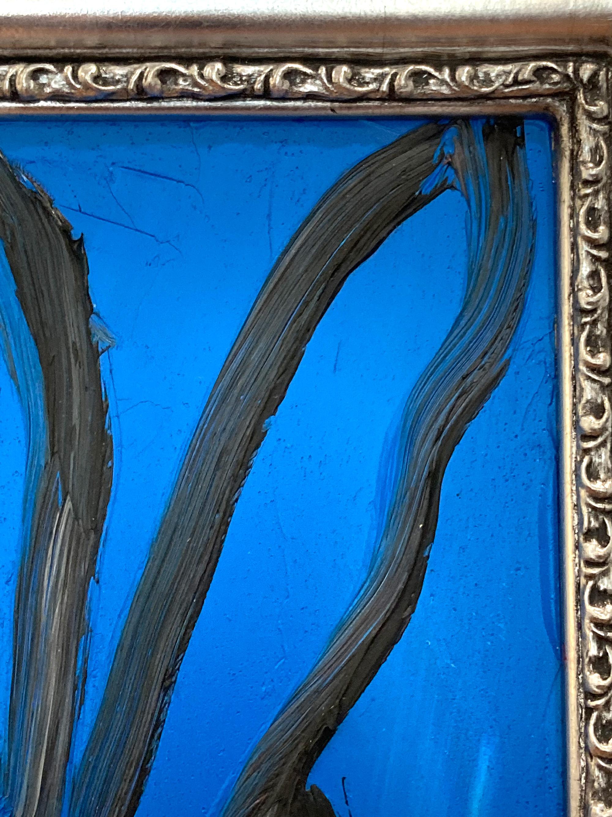 Untitled Schwarzer Hase auf ägyptisch blauem Hintergrund Ölgemälde auf Holz Gerahmt im Angebot 2