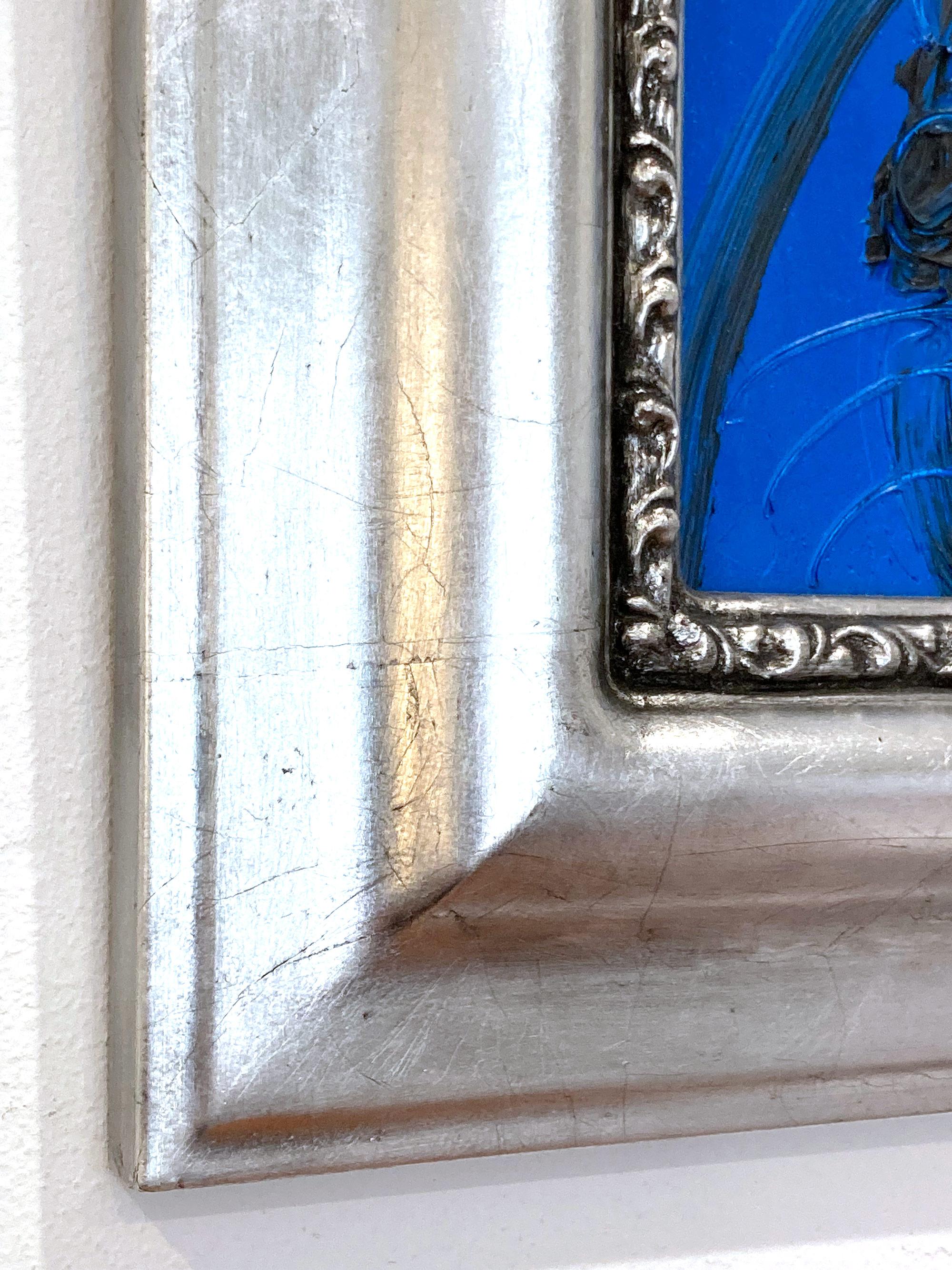 Untitled Schwarzer Hase auf ägyptisch blauem Hintergrund Ölgemälde auf Holz Gerahmt im Angebot 3