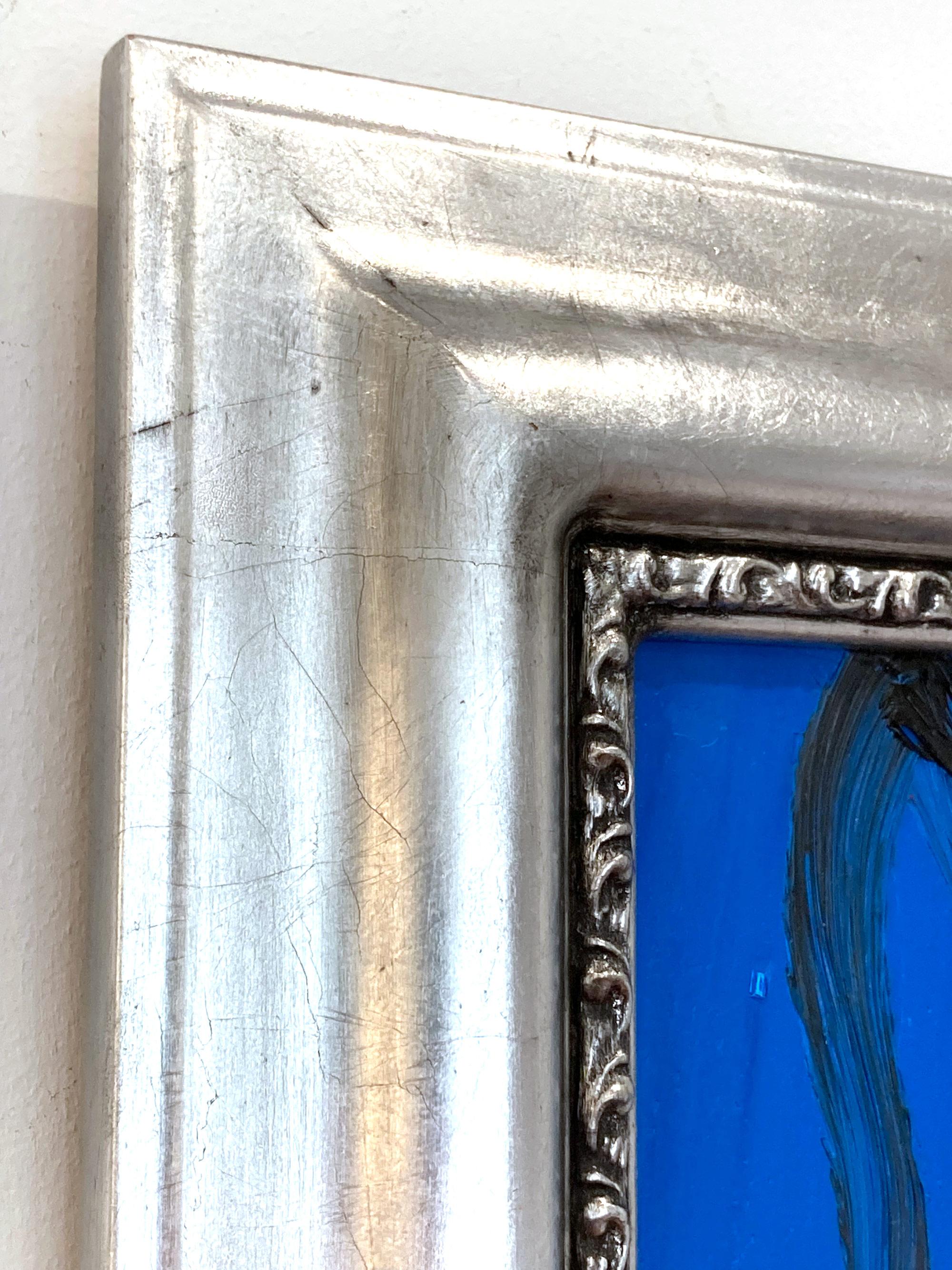 Untitled Schwarzer Hase auf ägyptisch blauem Hintergrund Ölgemälde auf Holz Gerahmt im Angebot 4