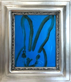 "Untitled" Black Bunny on Egyptian Blue Background Oil Painting on Wood Framed