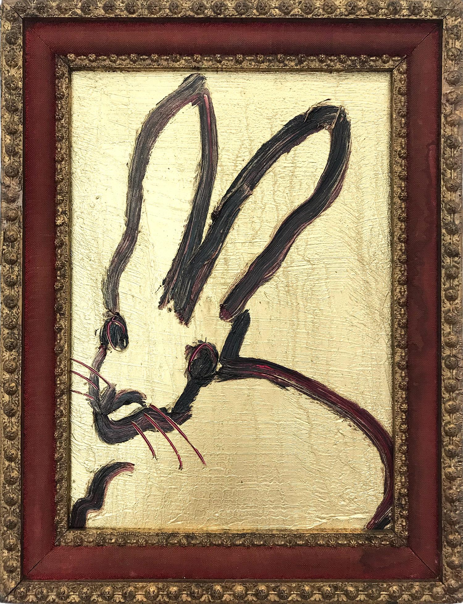 Hunt Slonem Abstract Painting - "Untitled" (Black Bunny on Gold with Ruby Red accents) Oil Paint on Wood Panel