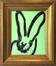 "Untitled" (Black Bunny on Light Mint Green Background) Oil Painting Wood Panel