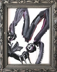 "Untitled" (Black Bunny on White Background) Oil Painting on Wood Panel