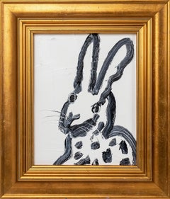 "Untitled" (Black Bunny on White Background) Oil Painting on Wood Panel