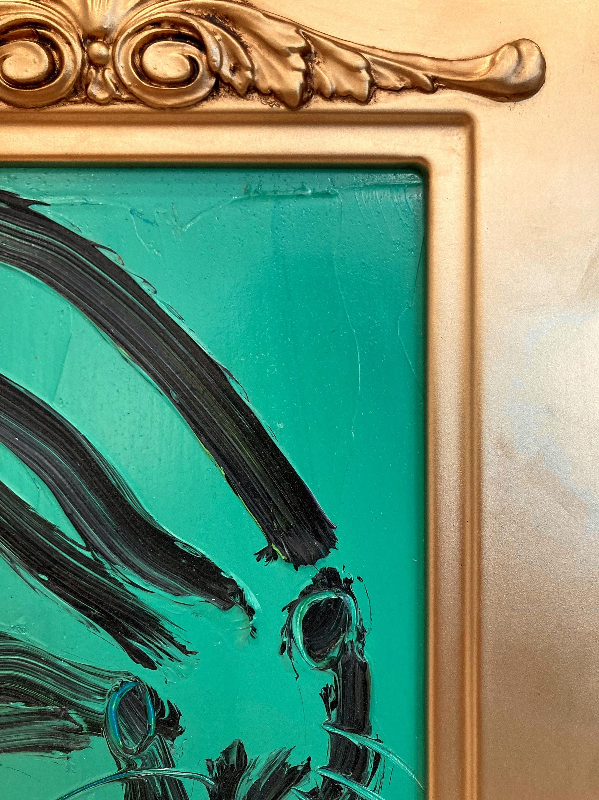 Eine wunderbare Komposition eines der ikonischsten Themen von Slonem, nämlich Hasen. Dieses Werk zeigt eine gestische Figur eines schwarzen Hasen auf einem persischgrünen Hintergrund mit dickem Farbauftrag. Es ist in einem wunderschönen,