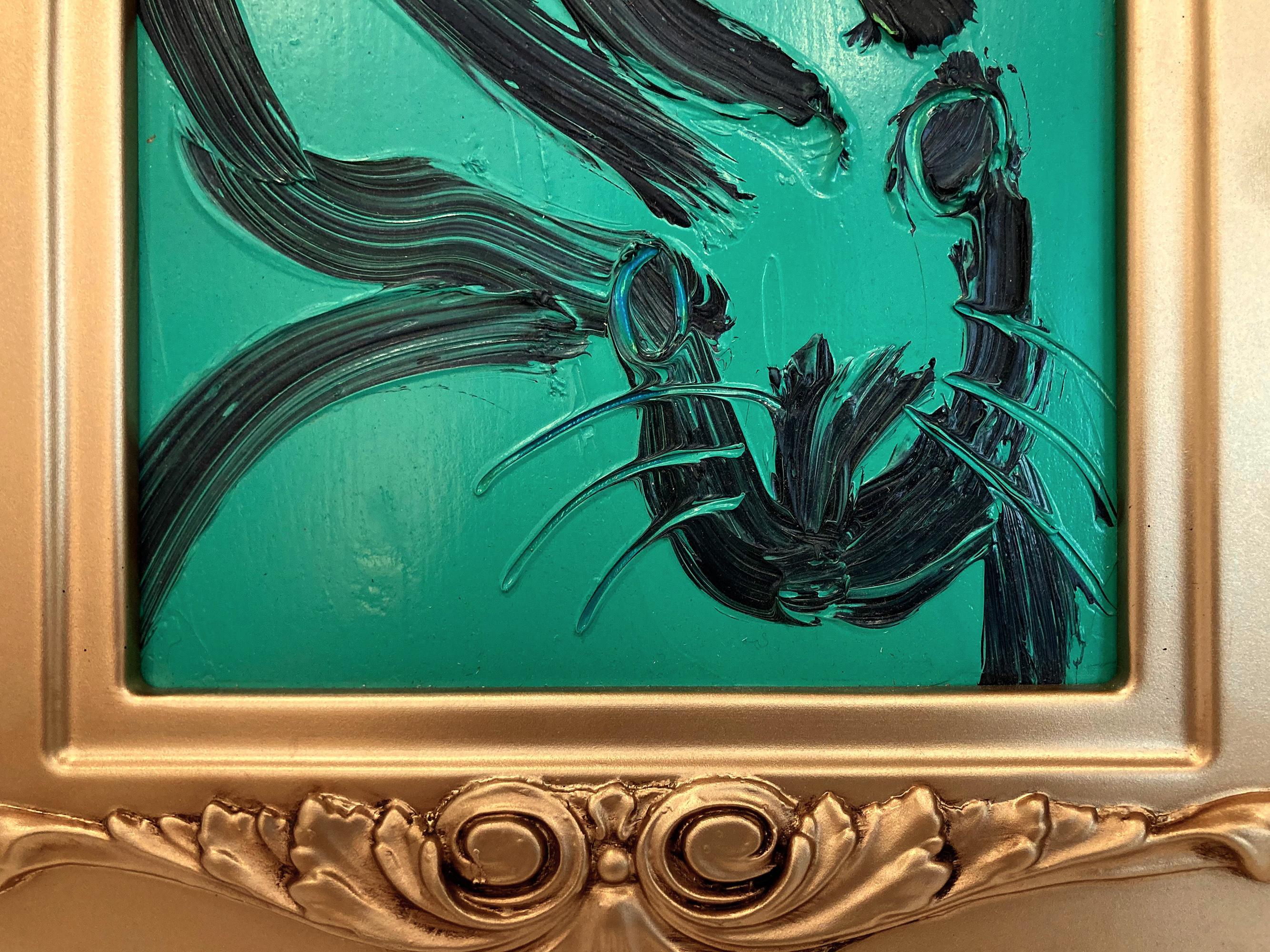 Untitled Black Outline Bunny on Persian Green Ölgemälde auf Holzplatte Gerahmt im Angebot 1