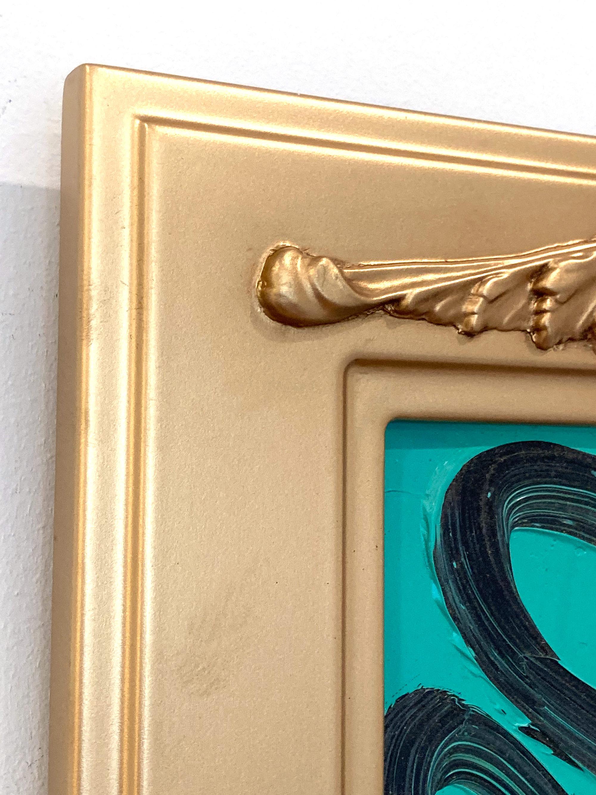 Untitled Black Outline Bunny on Persian Green Ölgemälde auf Holzplatte Gerahmt im Angebot 5