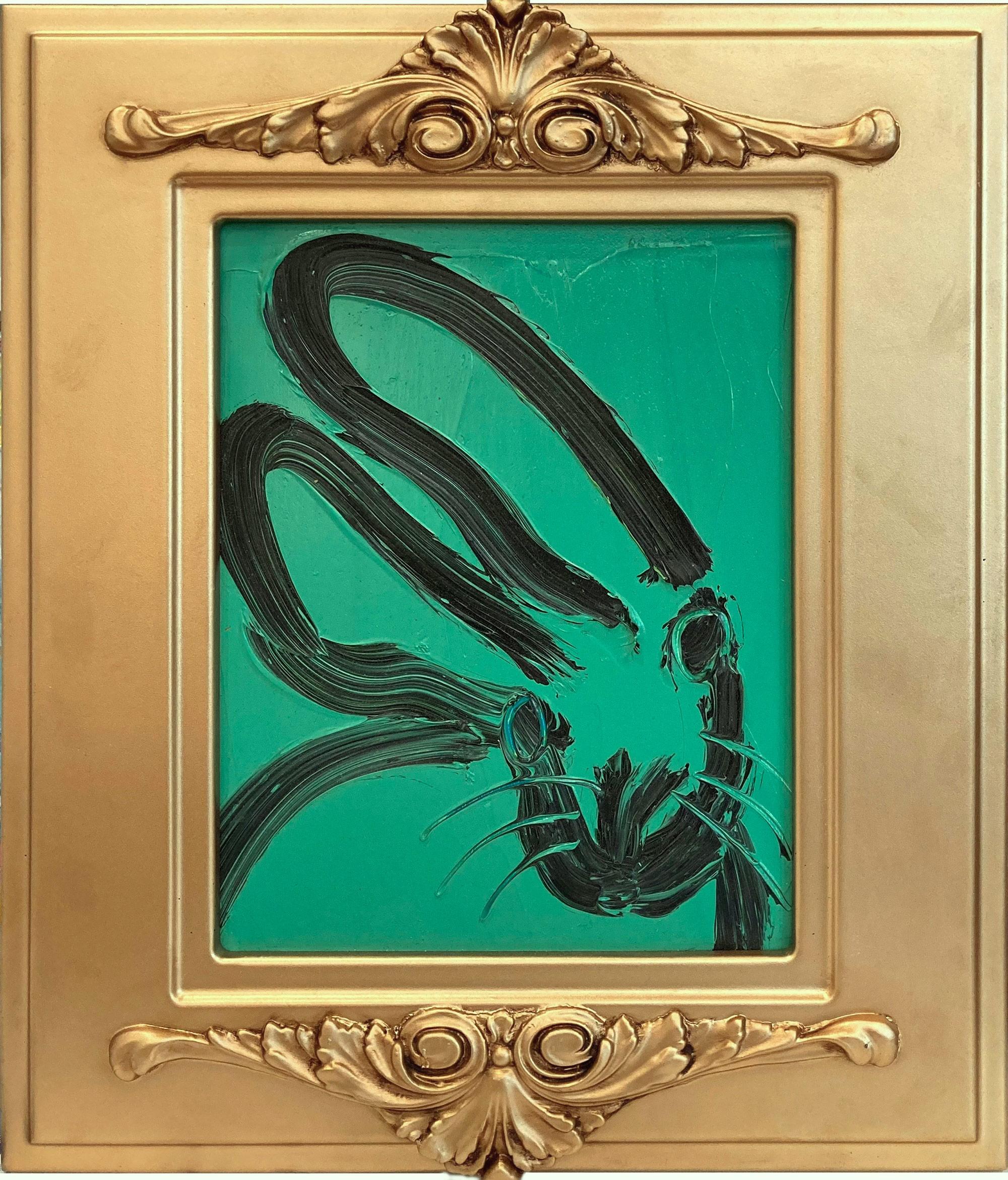 Untitled Black Outline Bunny on Persian Green Ölgemälde auf Holzplatte Gerahmt