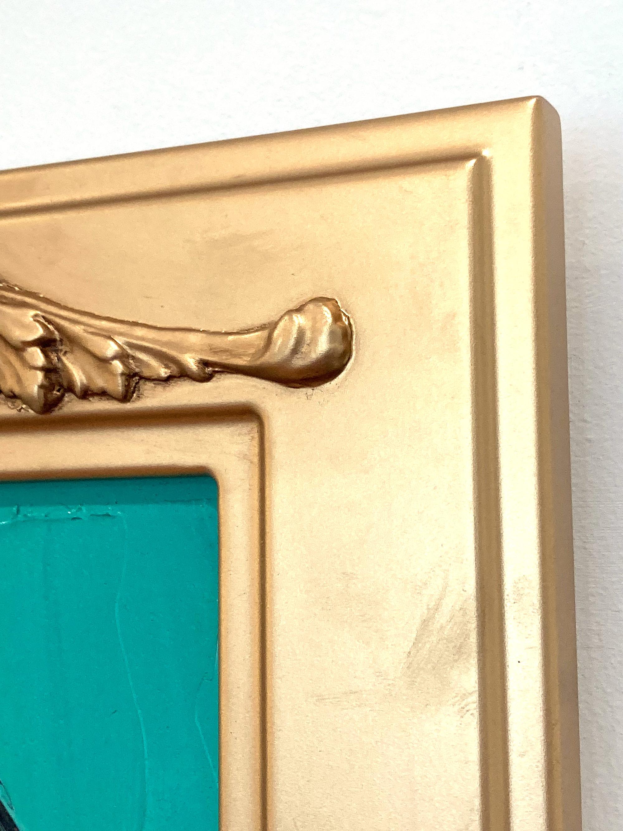 Untitled Black Outline Bunny on Persian Green Ölgemälde auf Holzplatte Gerahmt im Angebot 6