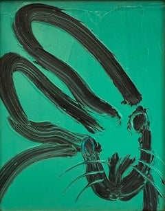 Untitled Black Outline Bunny on Persian Green Ölgemälde auf Holzplatte Gerahmt
