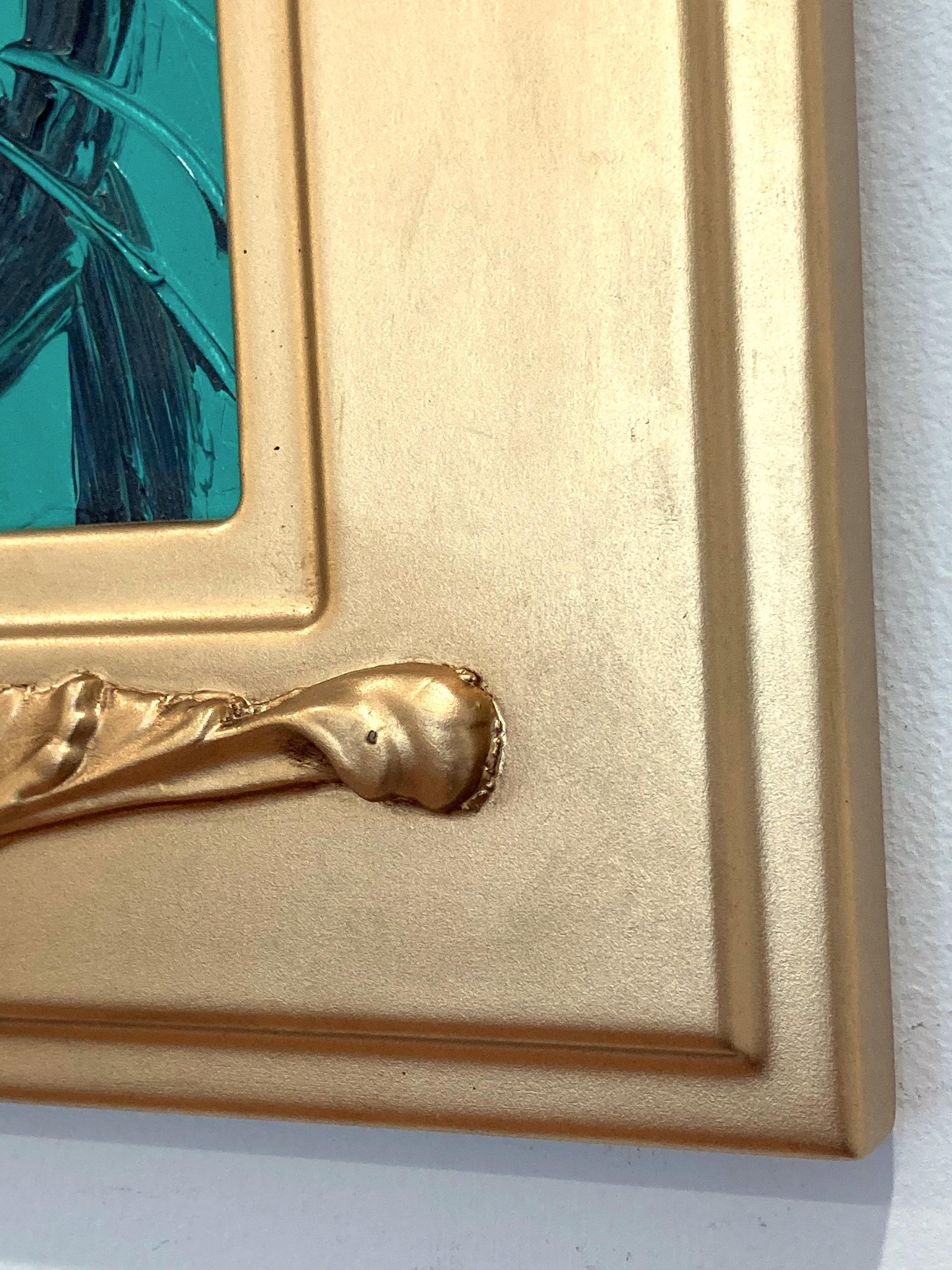 Untitled Black Outline Bunny on Persian Green Ölgemälde auf Holzplatte Gerahmt im Angebot 7