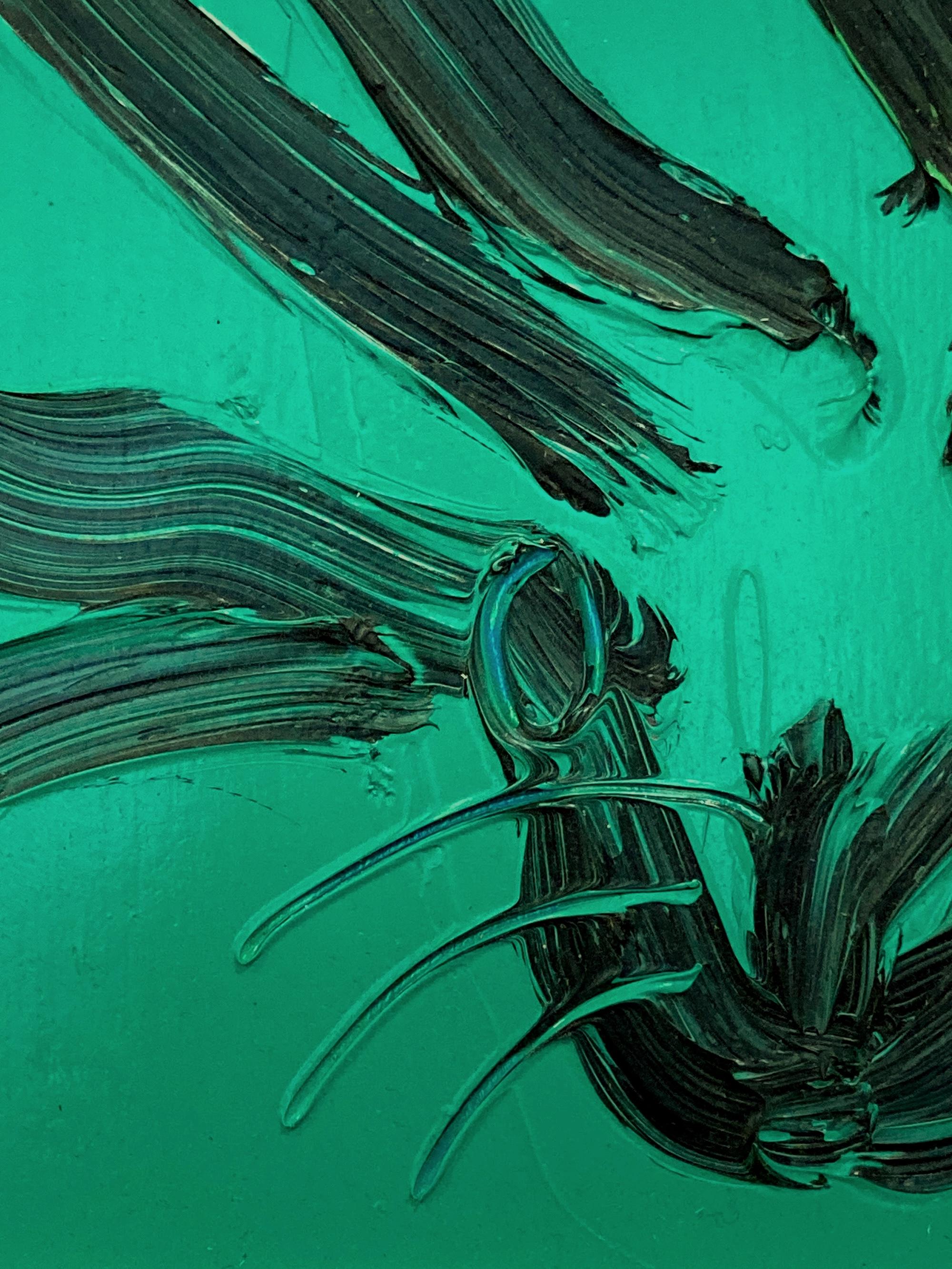 Untitled Black Outline Bunny on Persian Green Ölgemälde auf Holzplatte Gerahmt (Neue Wilde), Painting, von Hunt Slonem