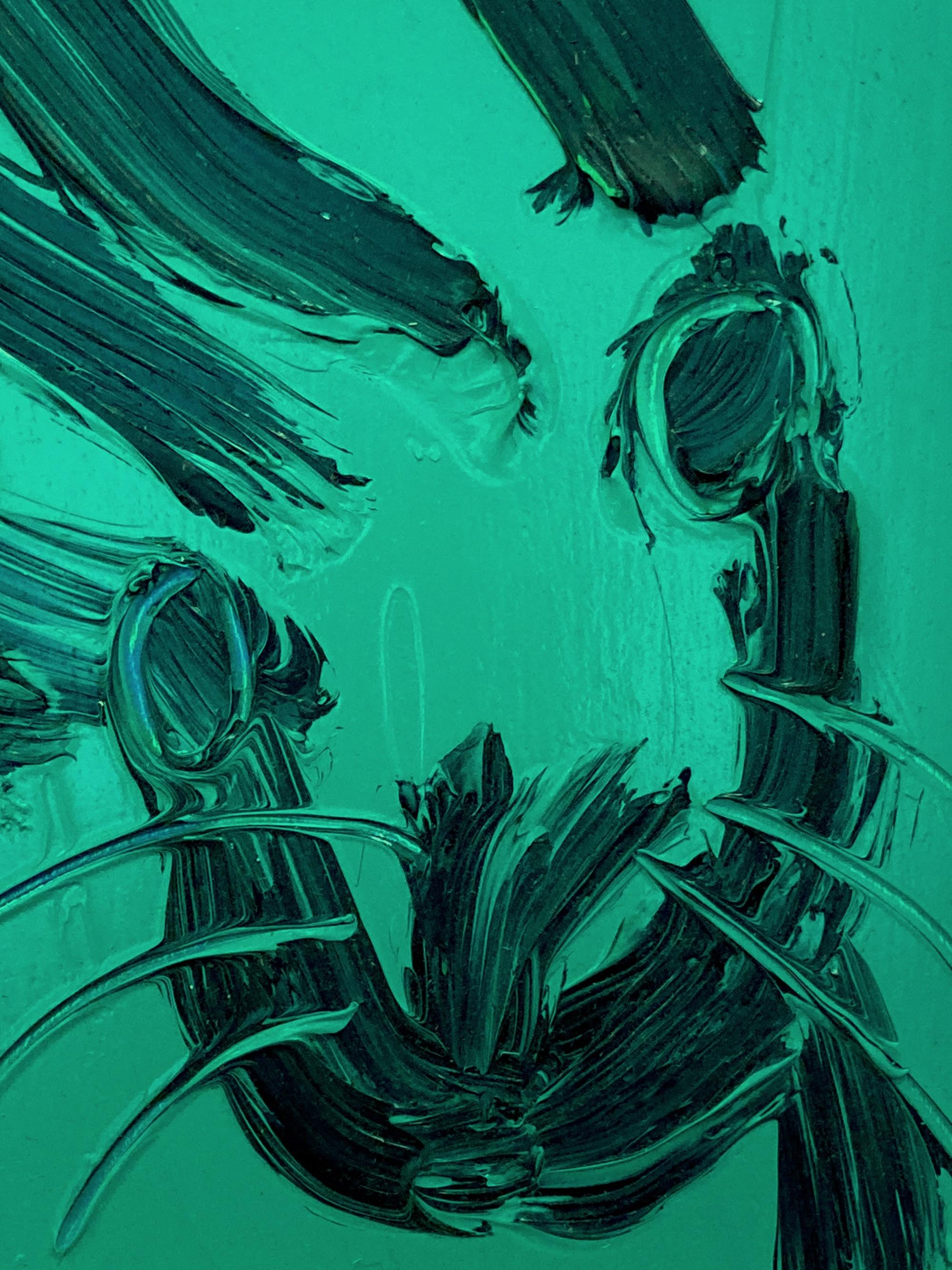 Untitled Black Outline Bunny on Persian Green Ölgemälde auf Holzplatte Gerahmt (Beige), Abstract Painting, von Hunt Slonem