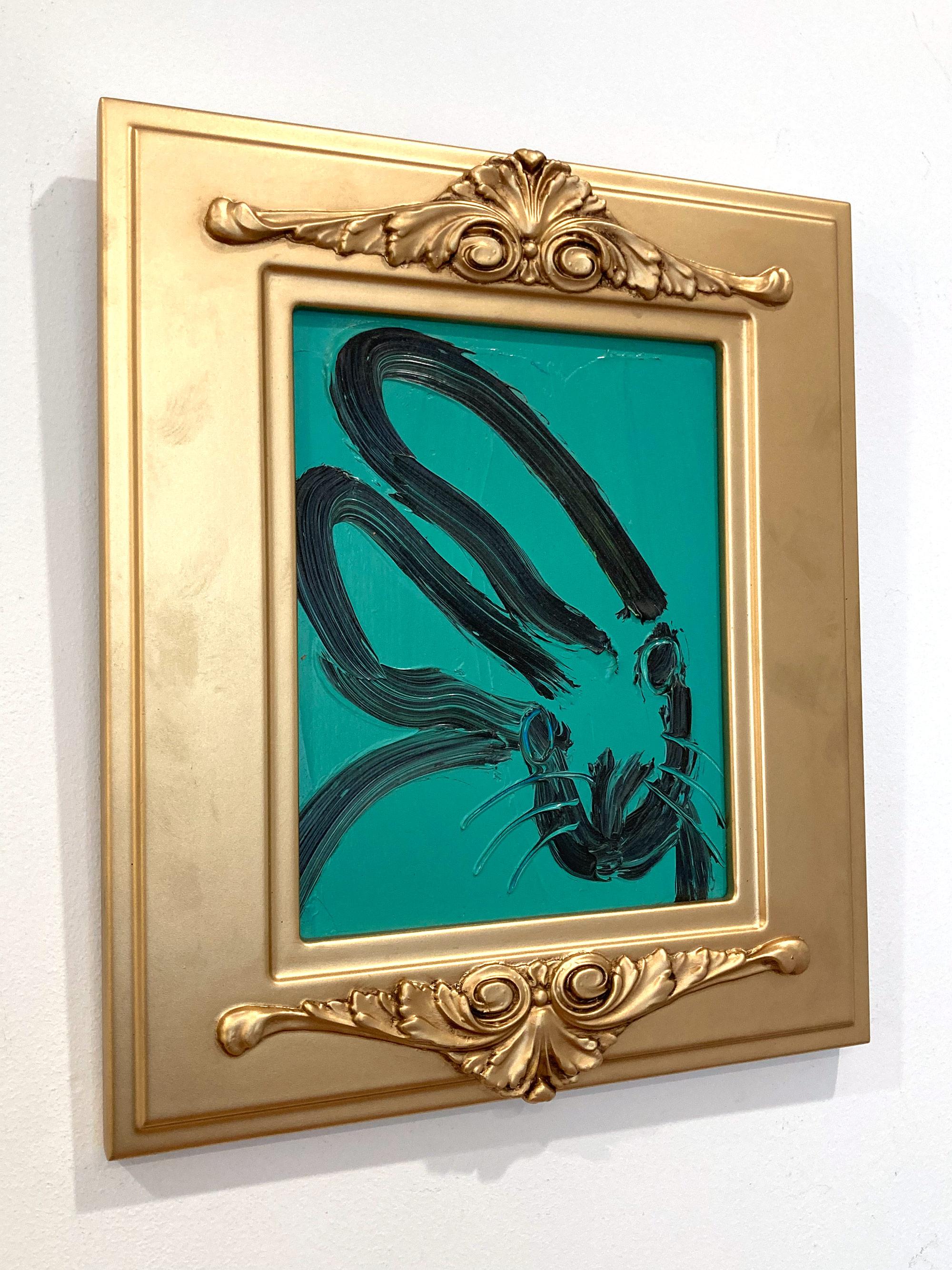 Untitled Black Outline Bunny on Persian Green Ölgemälde auf Holzplatte Gerahmt im Angebot 9