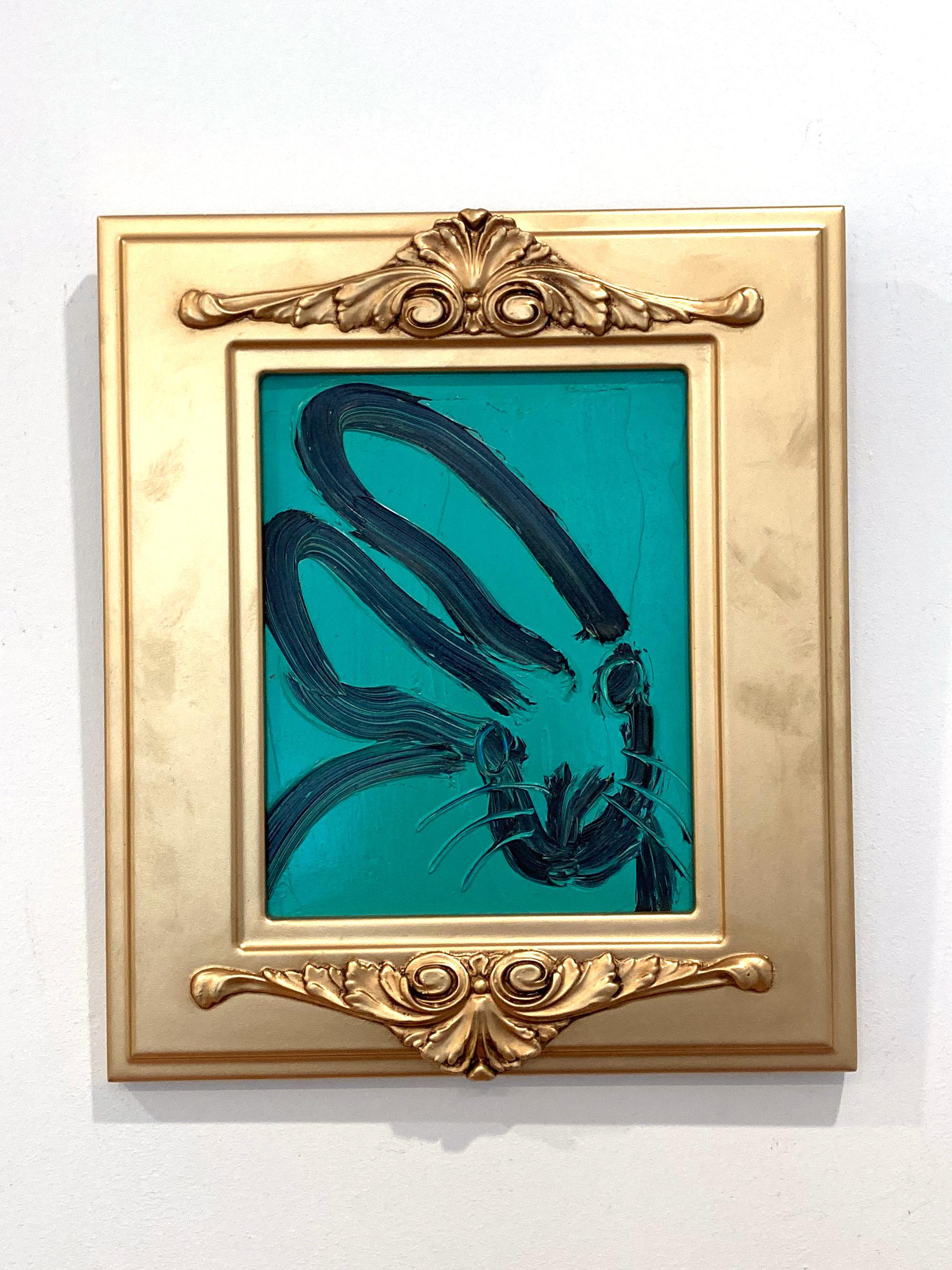 Untitled Black Outline Bunny on Persian Green Ölgemälde auf Holzplatte Gerahmt im Angebot 10